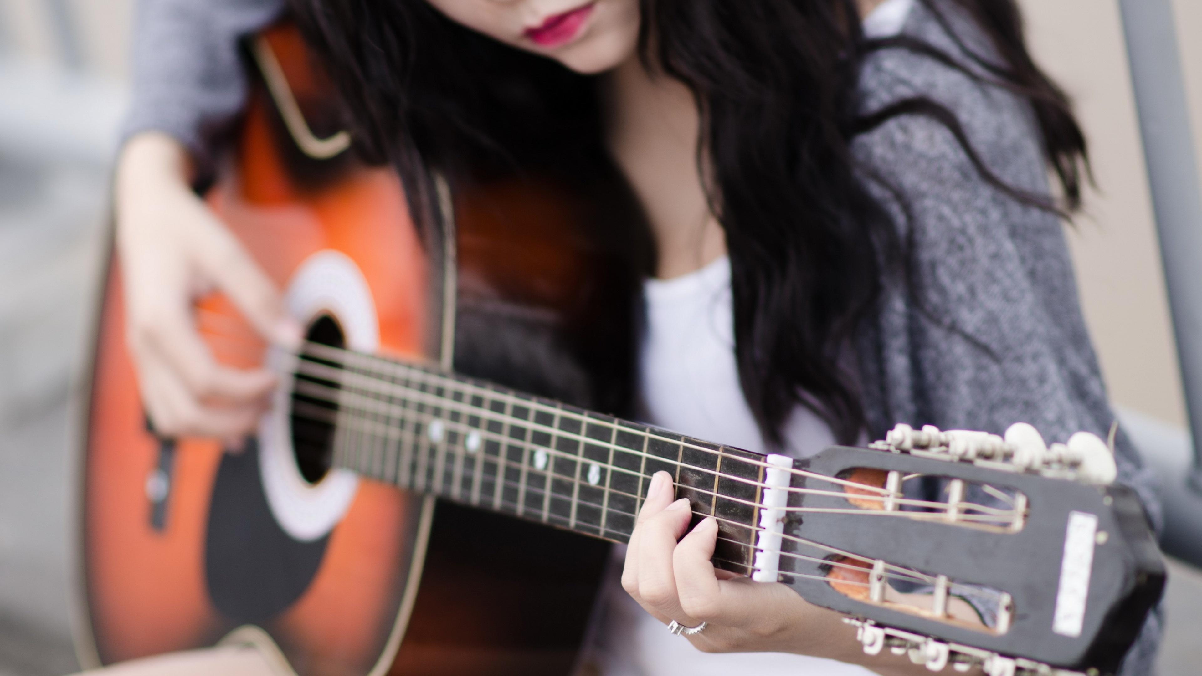 Guitar: Fitting, Girl playing guitar, A fretted musical instrument that typically has six strings. 3840x2160 4K Wallpaper.