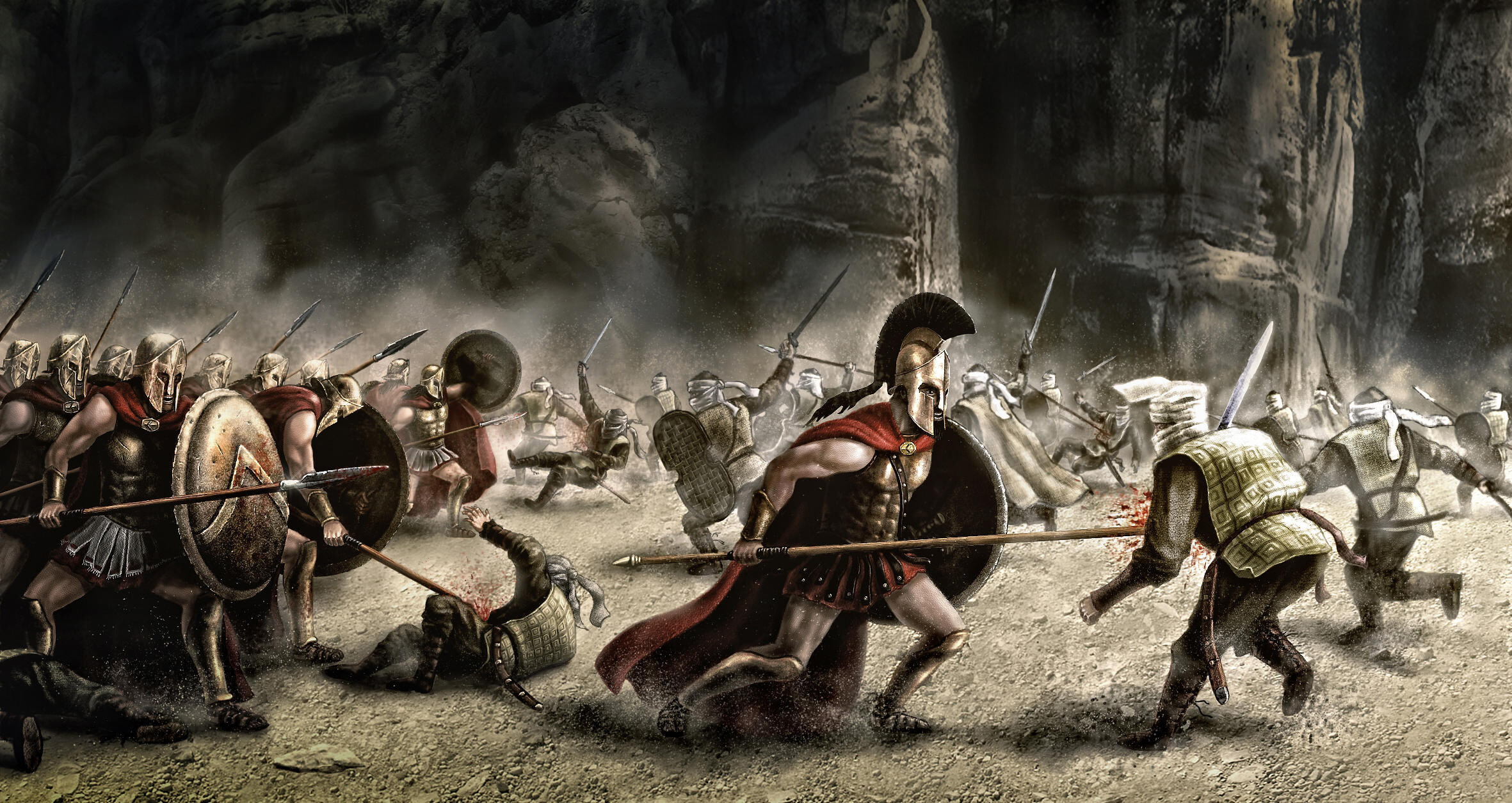 Sparta: The Battle of Thermopylae art, Achaemenid Persian Empire under Xerxes I vs. an alliance of Greek city-states led by Spartan King Leonidas I. 2370x1260 HD Wallpaper.