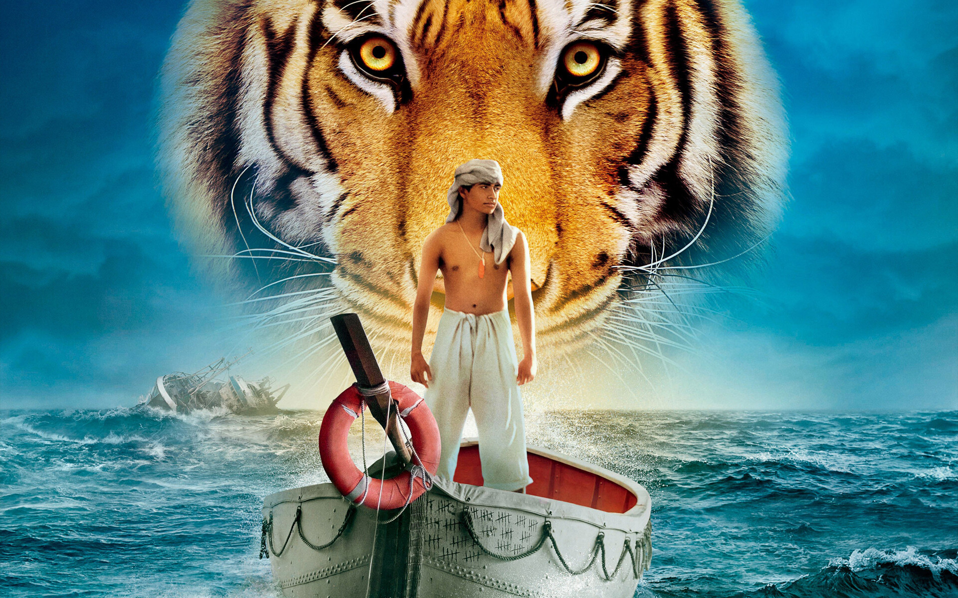 Life of Pi: The harrowing tale involves an Indian boy and a Bengal tiger on a lifeboat in the Pacific for several months, and as they battle each other for territorial superiority, the human and the animal begin to understand each other. 1920x1200 HD Wallpaper.