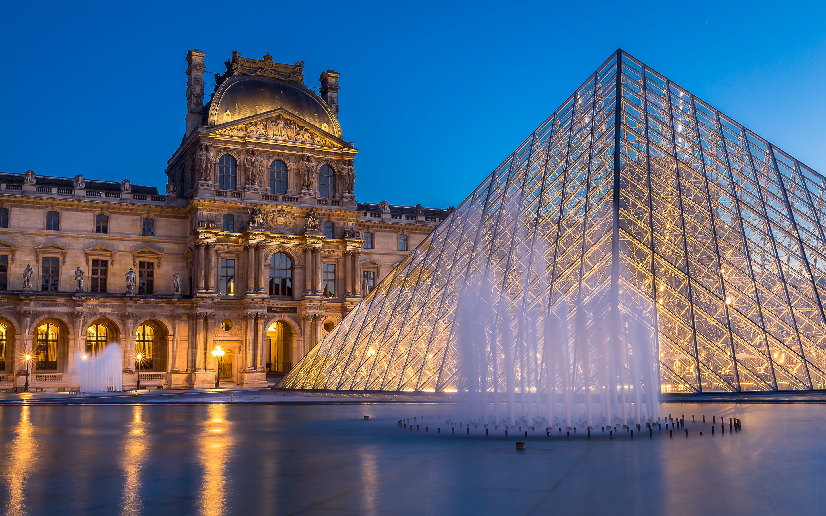 Louvre at sunset, Paris landmark, Fountain view, High-quality pictures, 2880x1800 HD Desktop