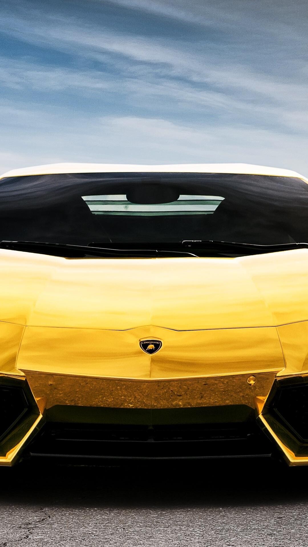 Gold Lamborghini: The front view of the Aventador LP 700 model, The first iteration of the Aventador. 1080x1920 Full HD Background.