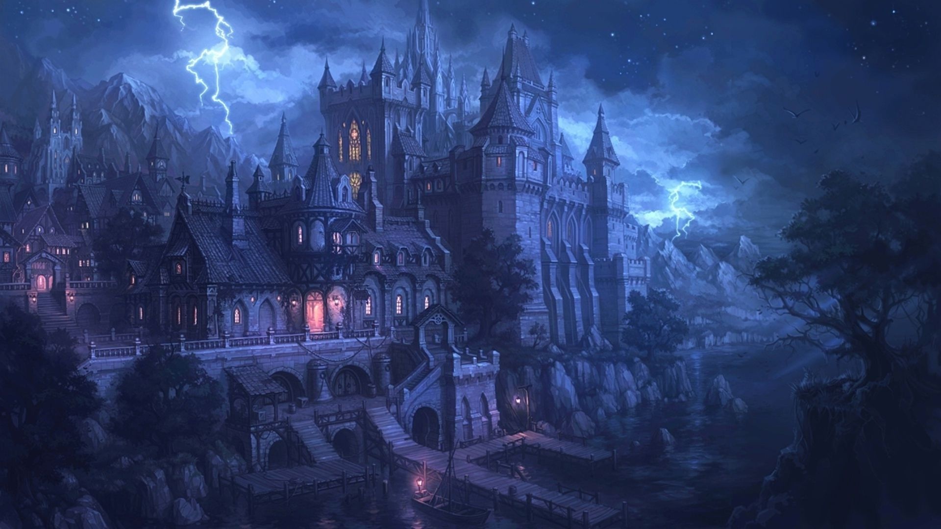 Gothic Art: Lightning, Middle Ages architecture, Castle by a river, Stormy dark atmosphere. 1920x1080 Full HD Background.