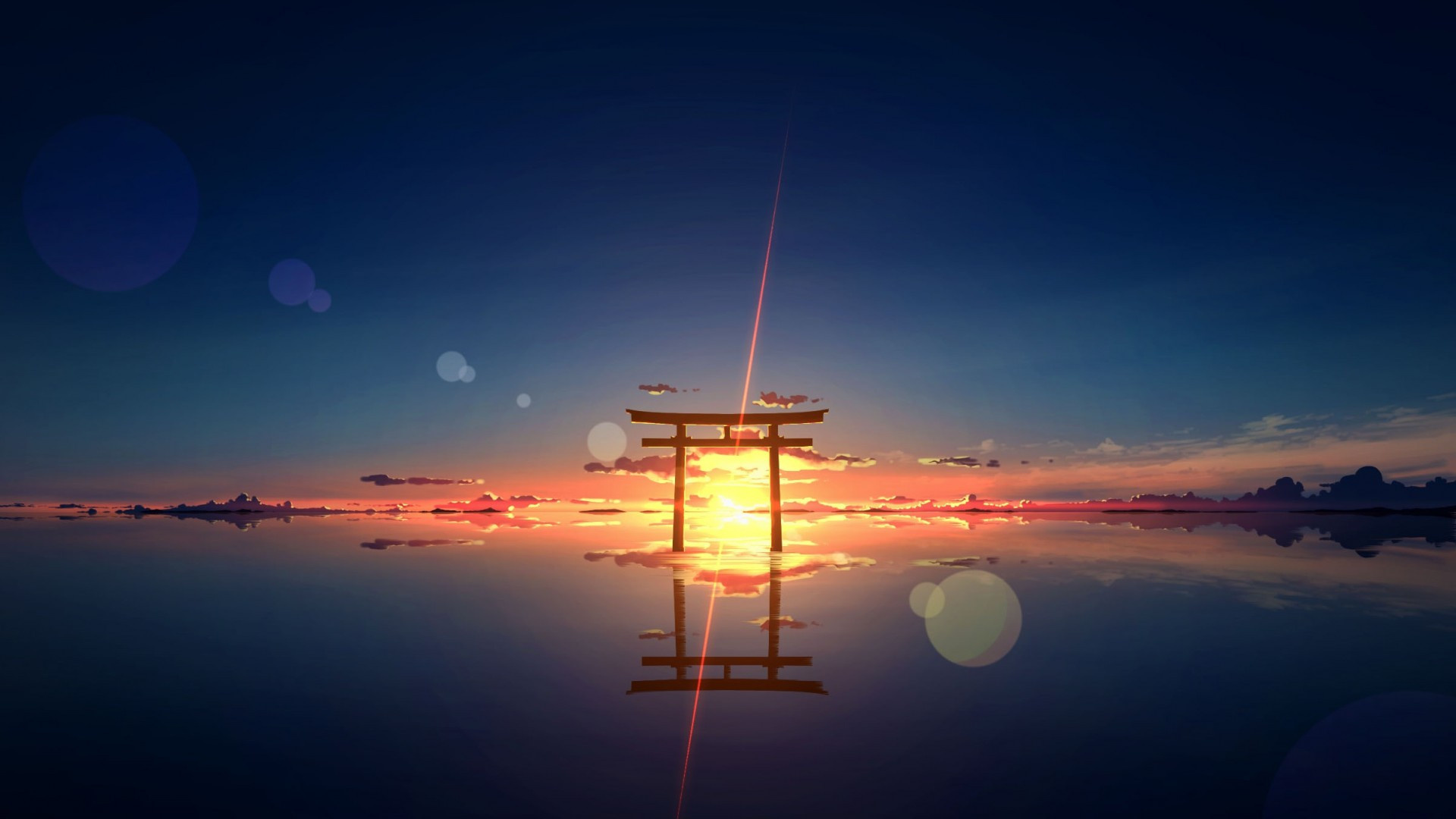 Anime Landscape, Shrine Torii, Sunset, Water Reflection, 1920x1080 Full HD Desktop