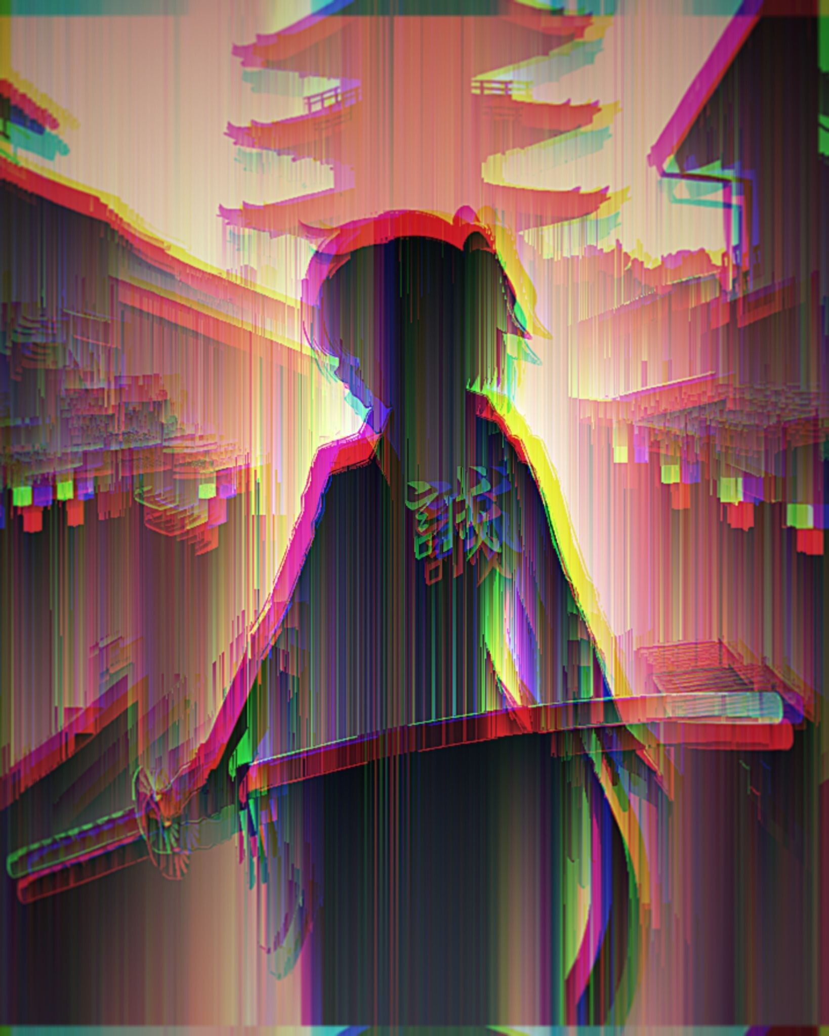 Glitch: Anime girl, Graphical malfunction, Red, Green, Blue, Parallel lines. 1640x2050 HD Wallpaper.