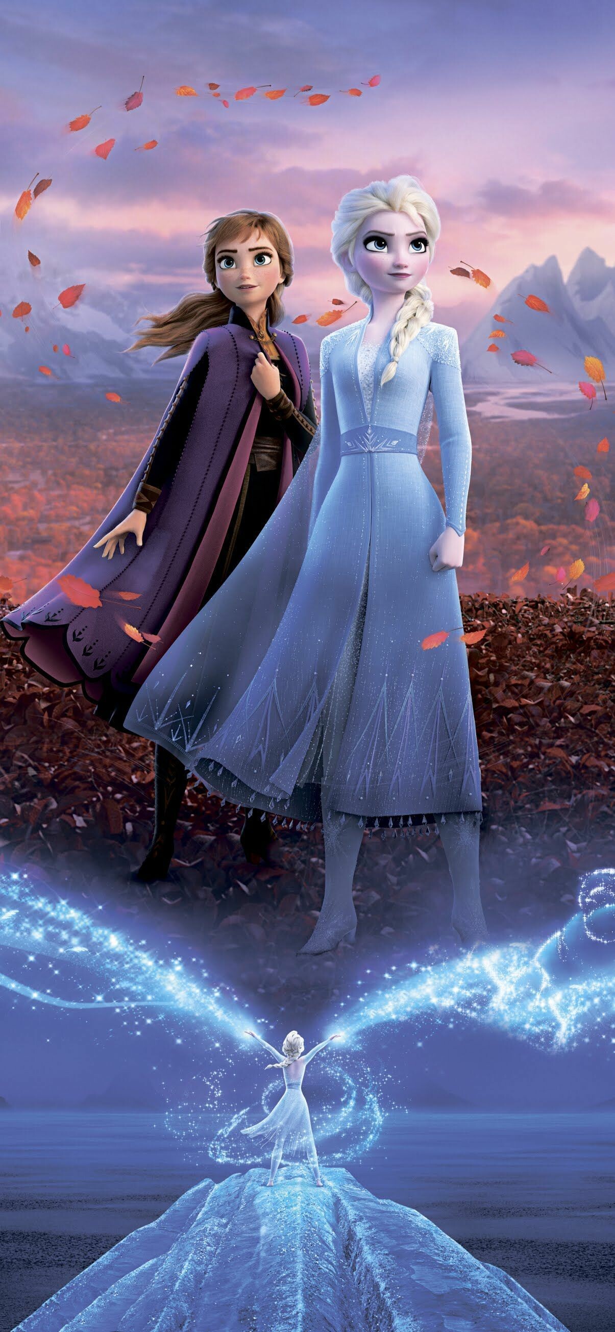 Frozen: Three years after her coronation, Elsa celebrates autumn in the kingdom with Anna, the snowman Olaf, the iceman Kristoff, and Kristoff's reindeer Sven, One night, Elsa hears a mysterious voice calling her. 1210x2610 HD Background.