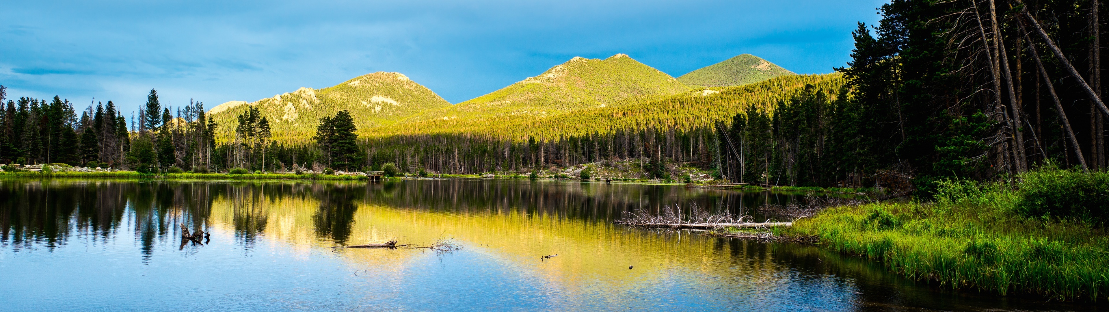 Sprague Lake wallpaper, Rocky Mountain Park, Colorado nature, 4K landscape, 3840x1080 Dual Screen Desktop