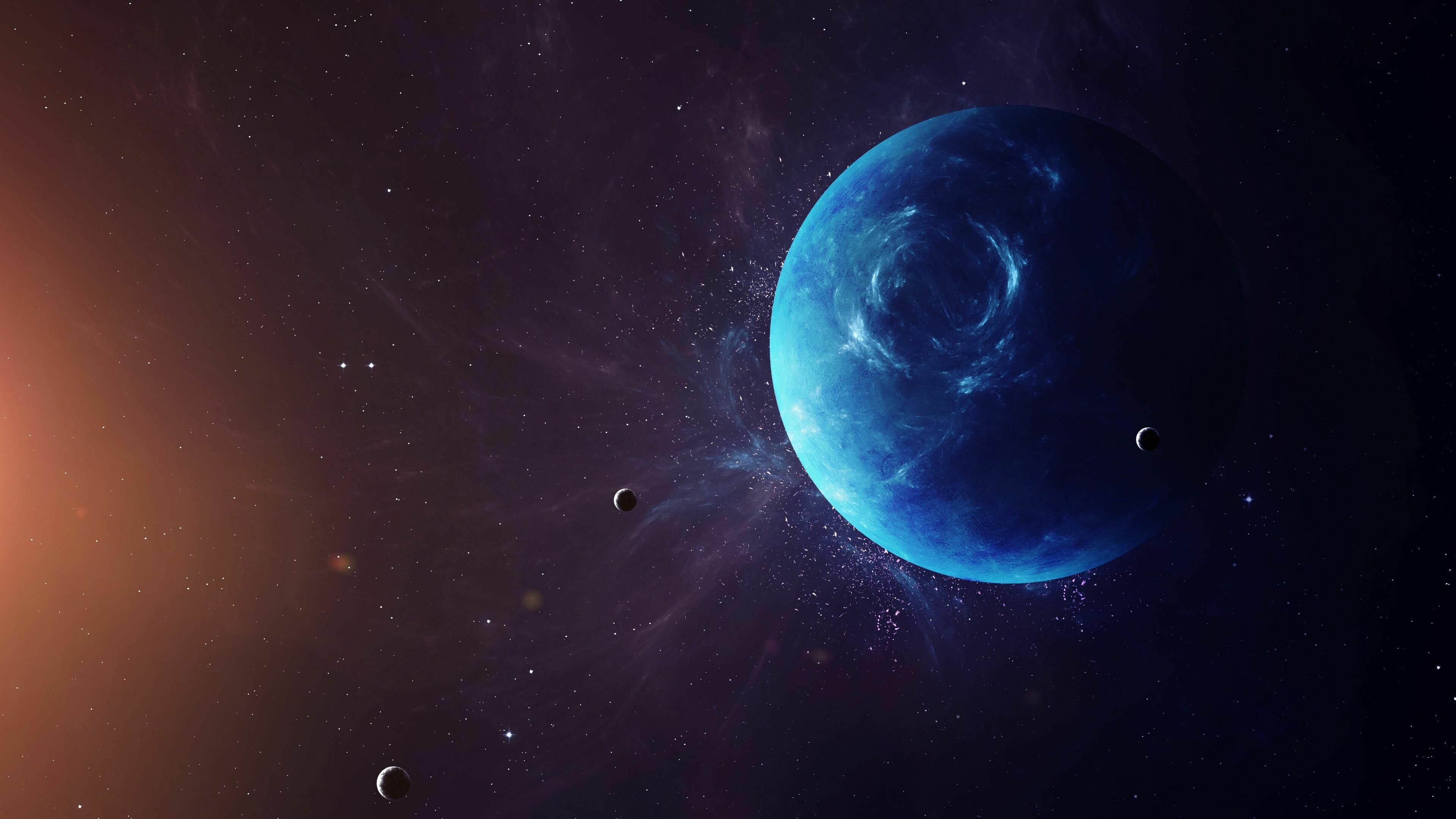 Neptune: The eighth planet from the Sun, Moon, Space, Solar System, Nebula. 3840x2160 4K Background.