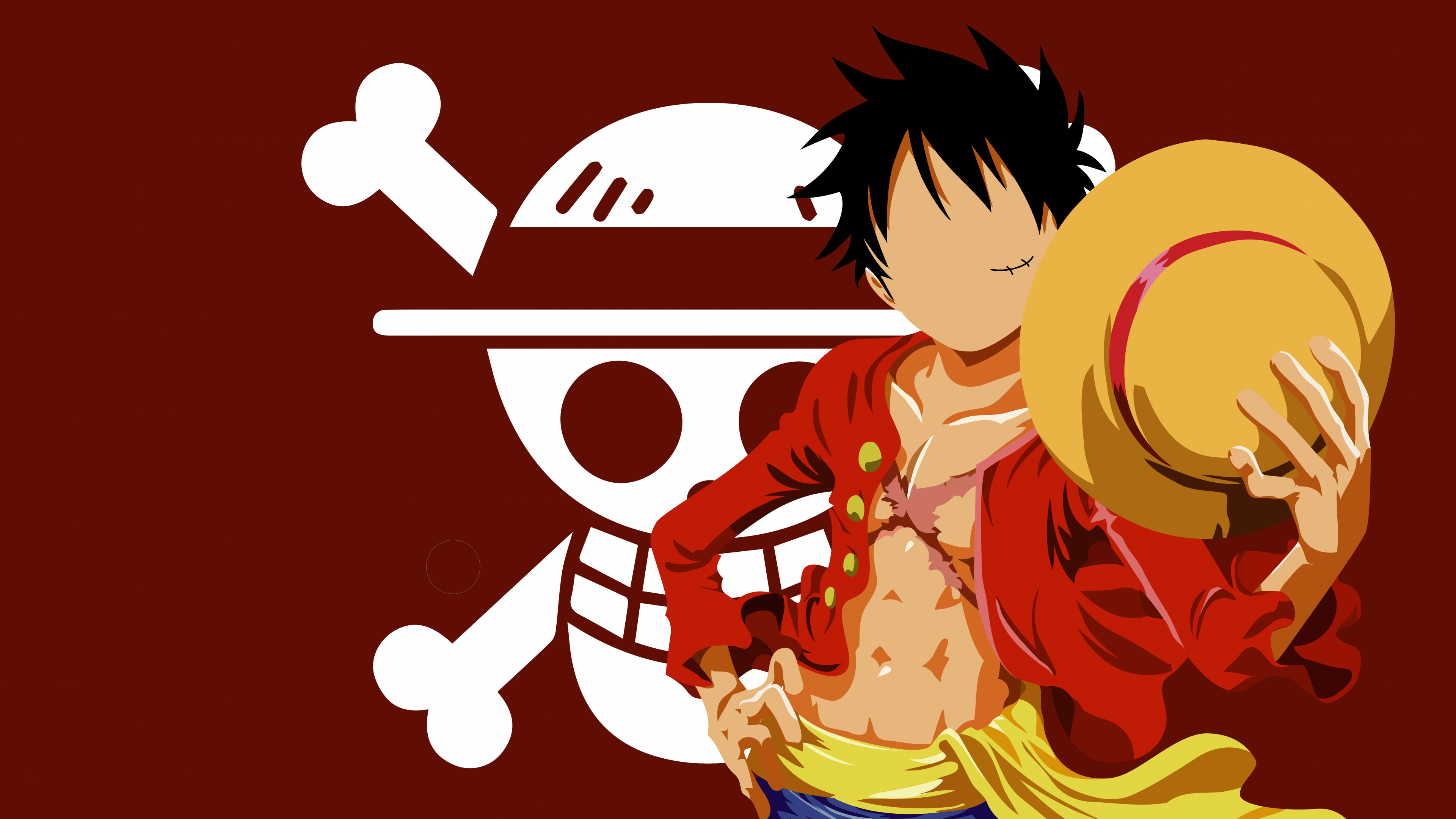 Monkey D. Luffy, Red background, Minimal art, Anime, 3840x2160 4K Desktop