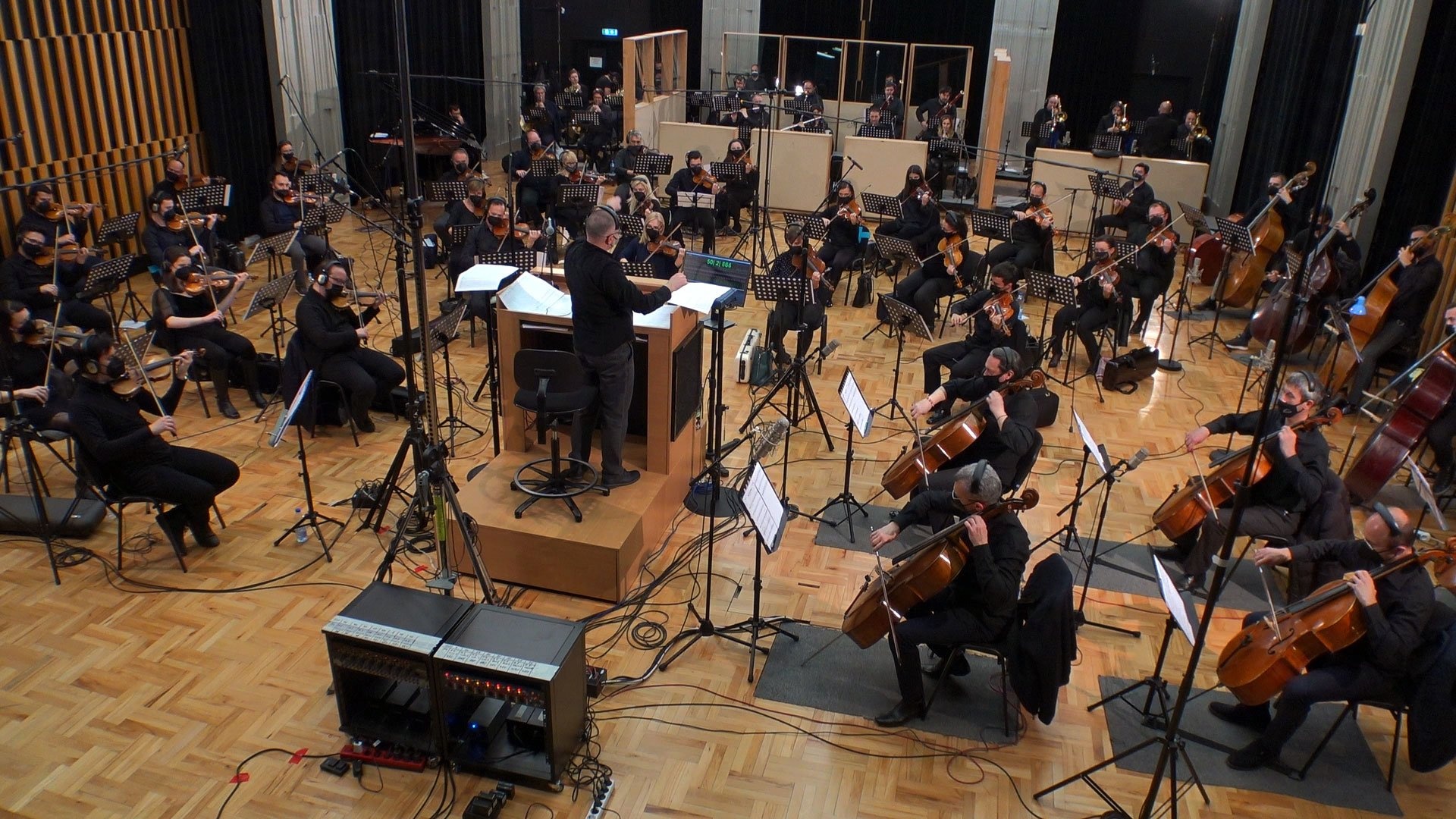 Orchestra: Fames, Orchestral music recording, Music stands, Musical instruments. 1920x1080 Full HD Background.