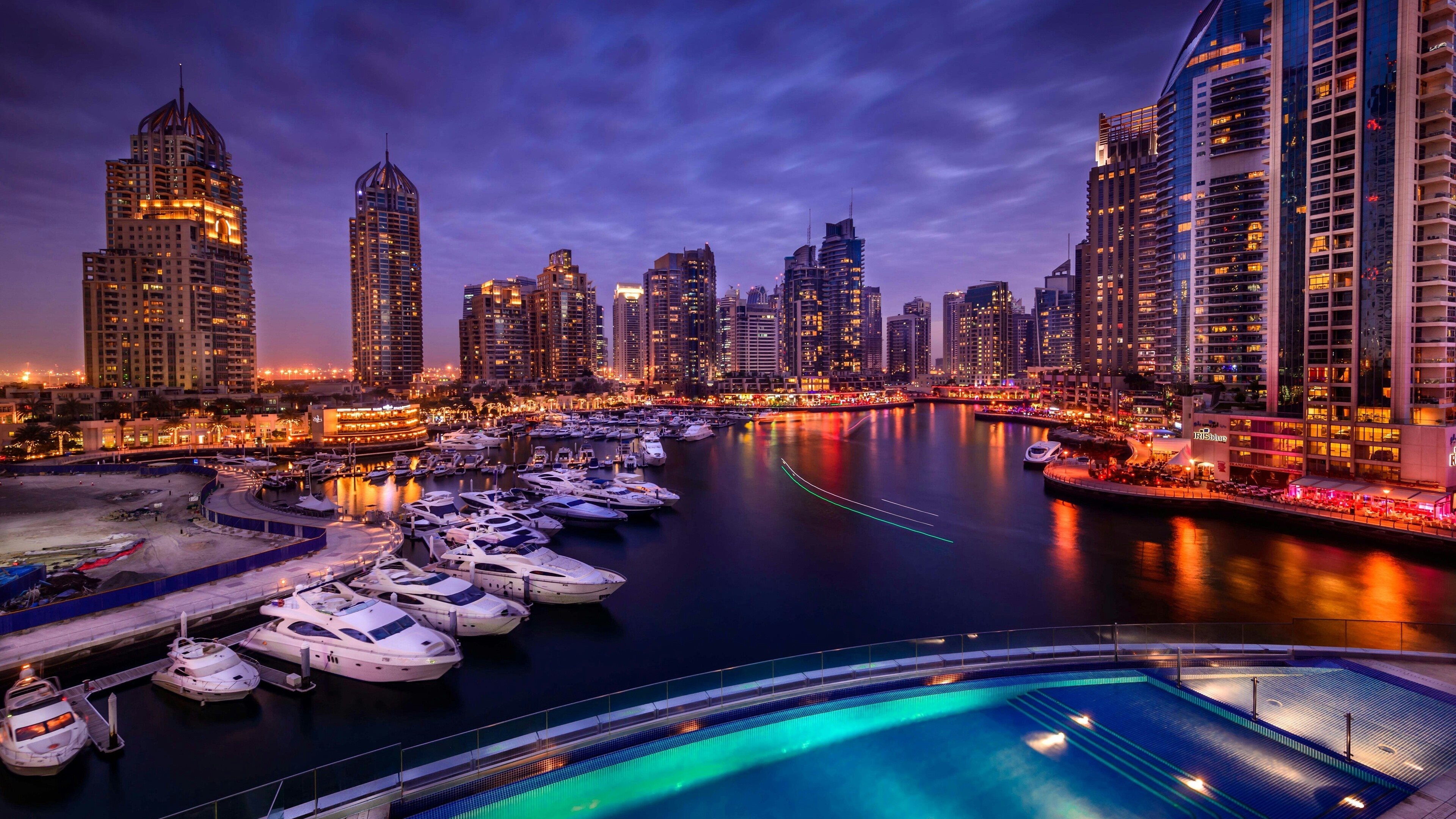 Dubai: Dubai Marina, Yachts, Skyscrapers, Canal, Nightscape, UAE, United Arab Emirates. 3840x2160 4K Background.