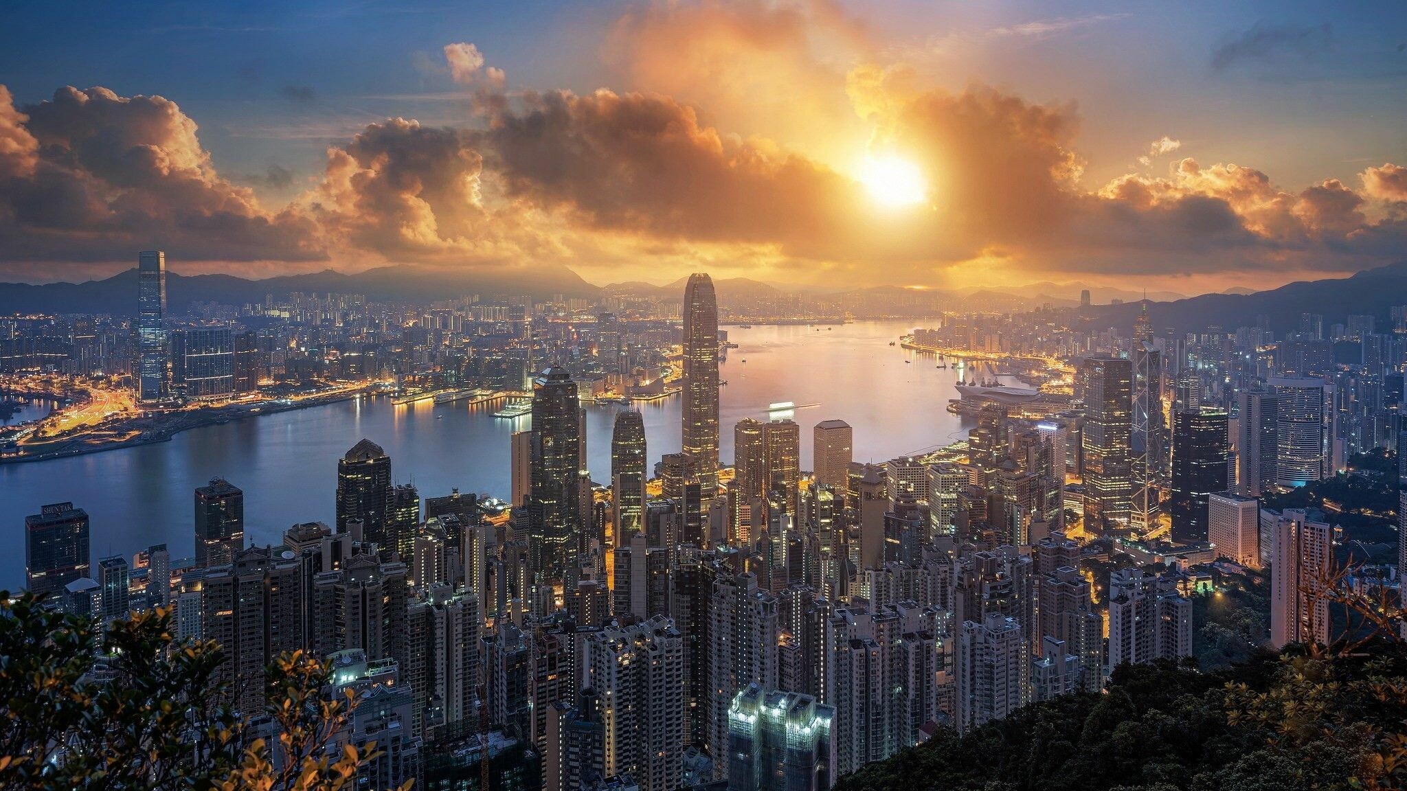 Hong Kong: Surrounded by the South China Sea on all sides except the north, HKSAR. 2050x1160 HD Background.