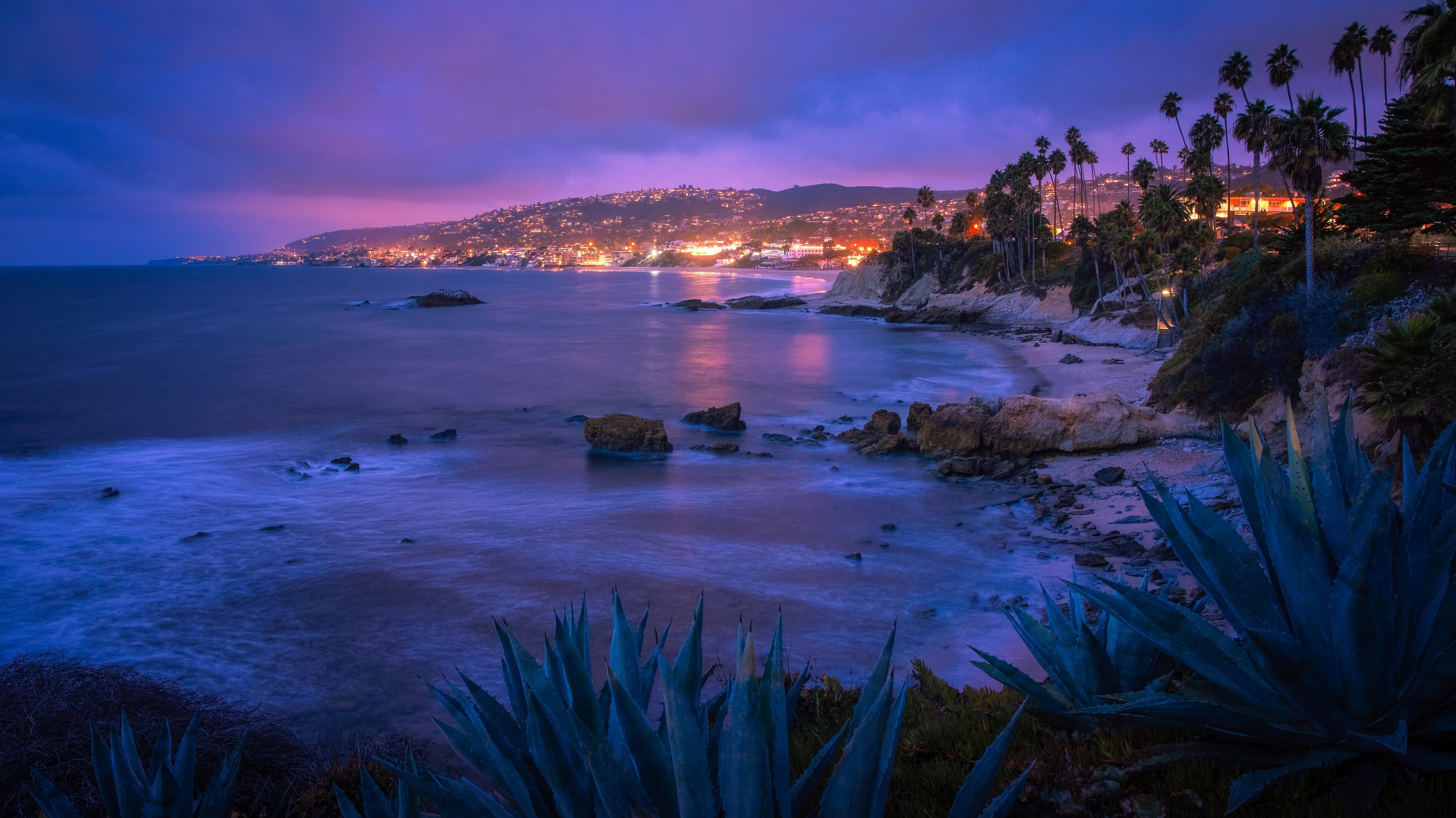 Laguna Beach wallpaper, Dawn in California, Night lights scenery, Relaxing coastal vibe, 3840x2160 4K Desktop
