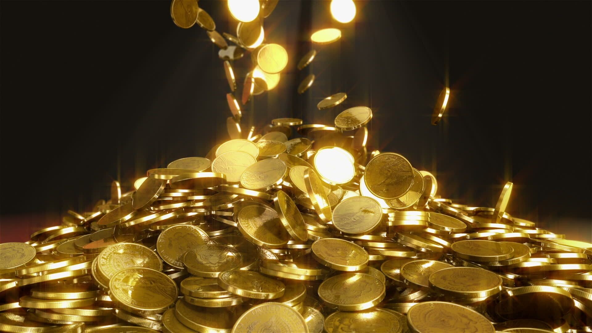 Gold Coins: Scattering of coins made of yellow metal, Numismatic value, Precious metal. 1920x1080 Full HD Wallpaper.