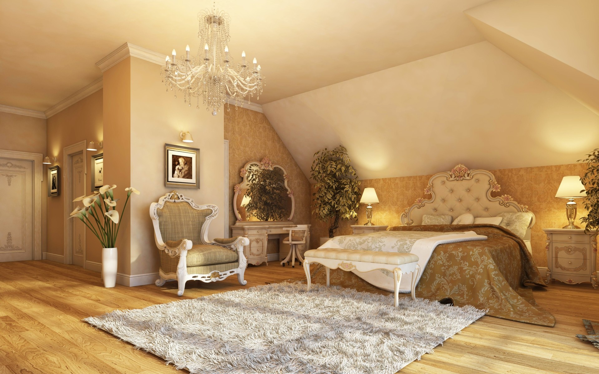 Bedroom chandelier, Chic carpet design, Kala Calla Lily style, Cozy sleeping space, 1920x1200 HD Desktop