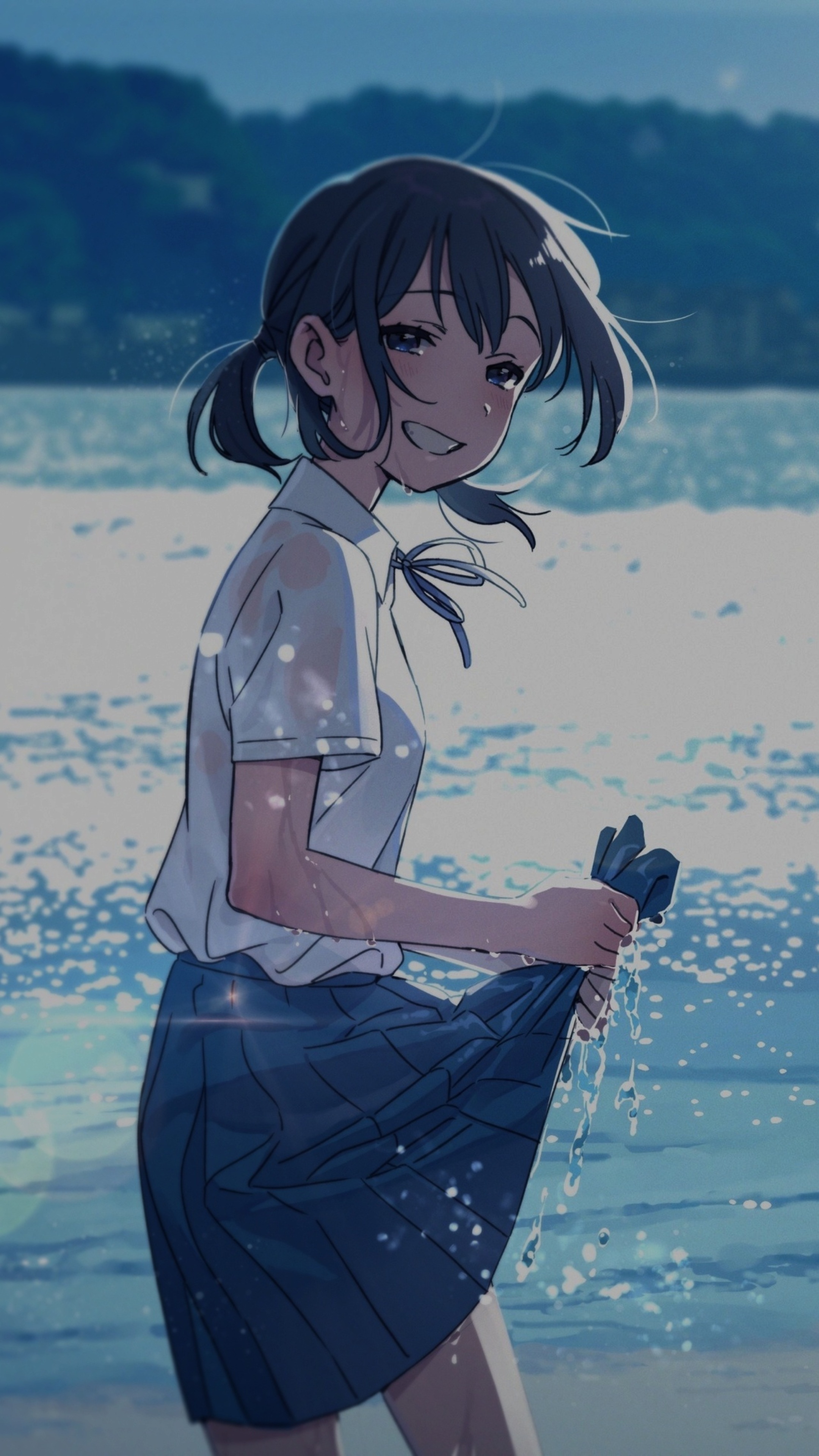 Anime Girl: Beach, Sea, Cartoon, Uniform. 2160x3840 4K Background.