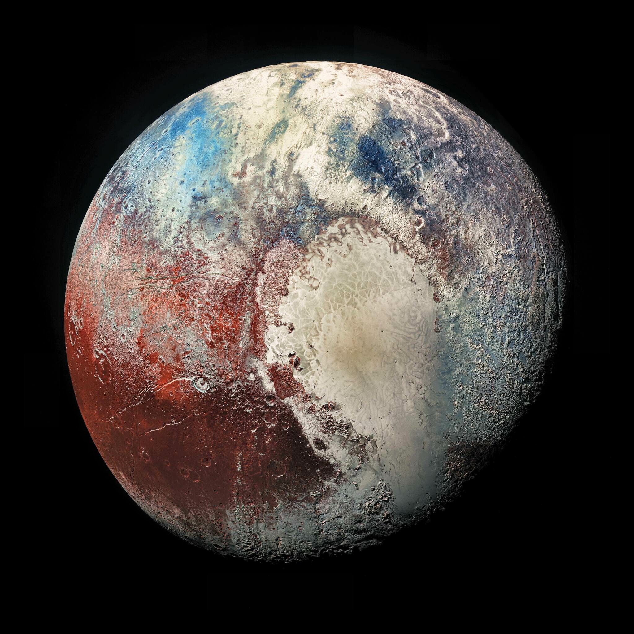 Pluto: A dwarf planet, has a moderately eccentric and inclined orbit, ranging from 30 to 49 astronomical units from the Sun. 2050x2050 HD Background.