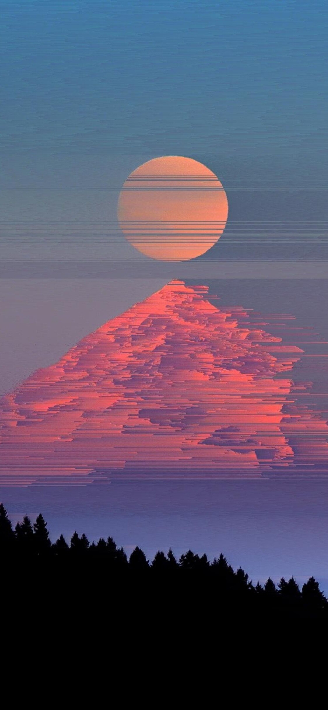 Glitchy mountains, Forest allure, Sun's glow, Digital landscapes, 1130x2440 HD Phone