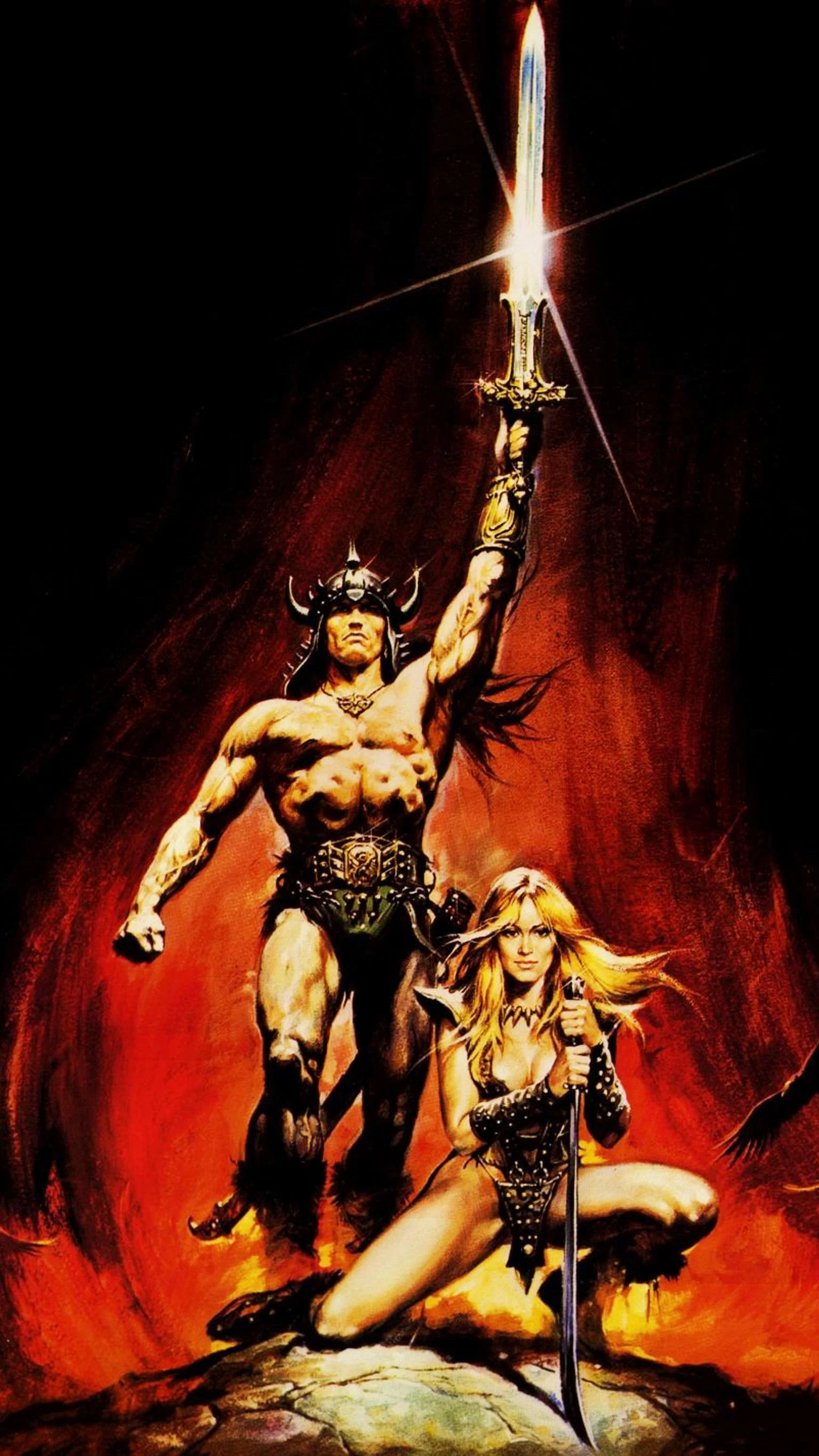 Conan (Arnold Schwarzenegger): Sandahl Bergman as Valeria, A1982 American epic sword and sorcery film. 1540x2740 HD Background.