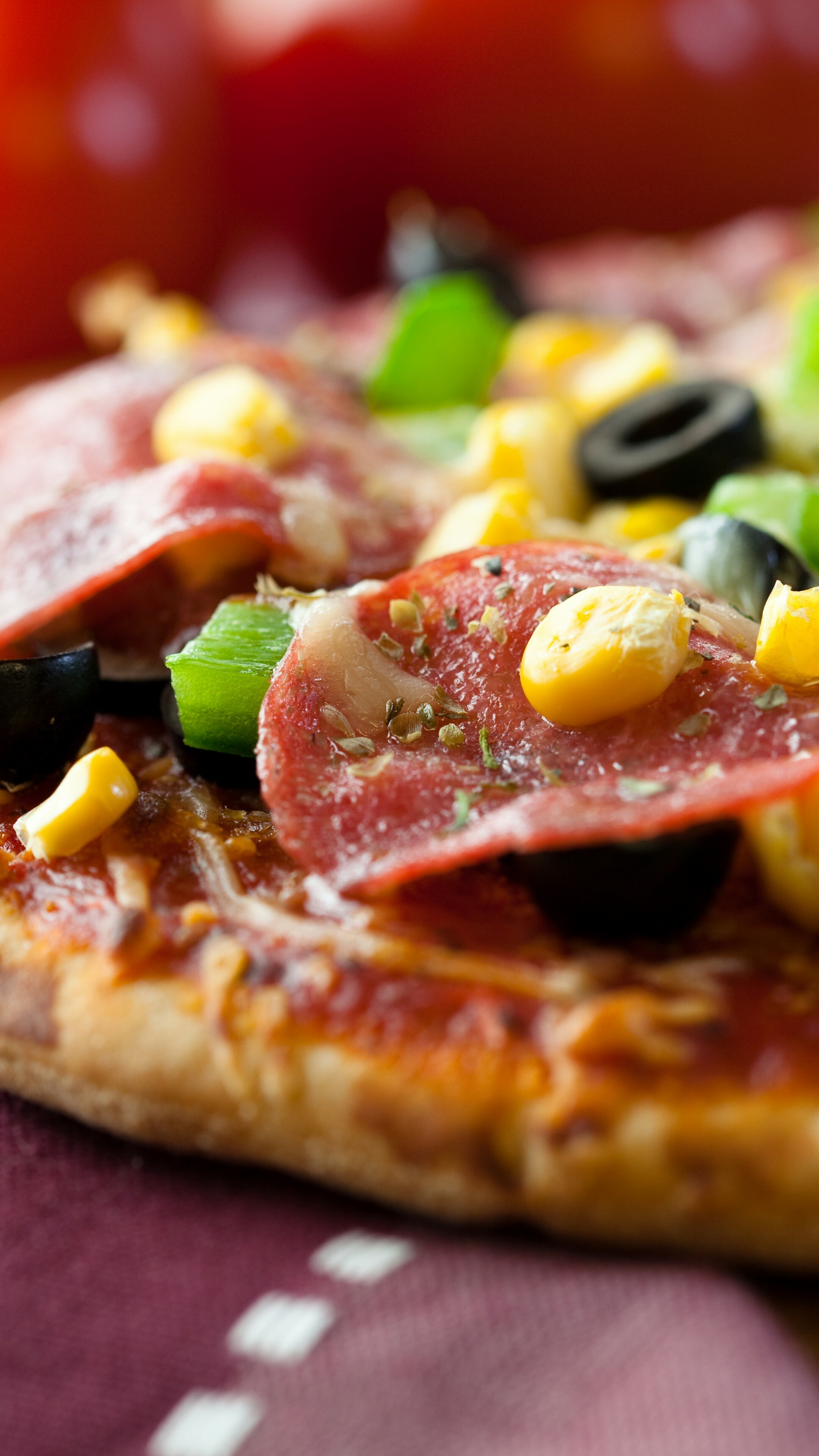 Pizza: A dish of Italian origin, Salami, Corn, Olives. 2160x3840 4K Background.
