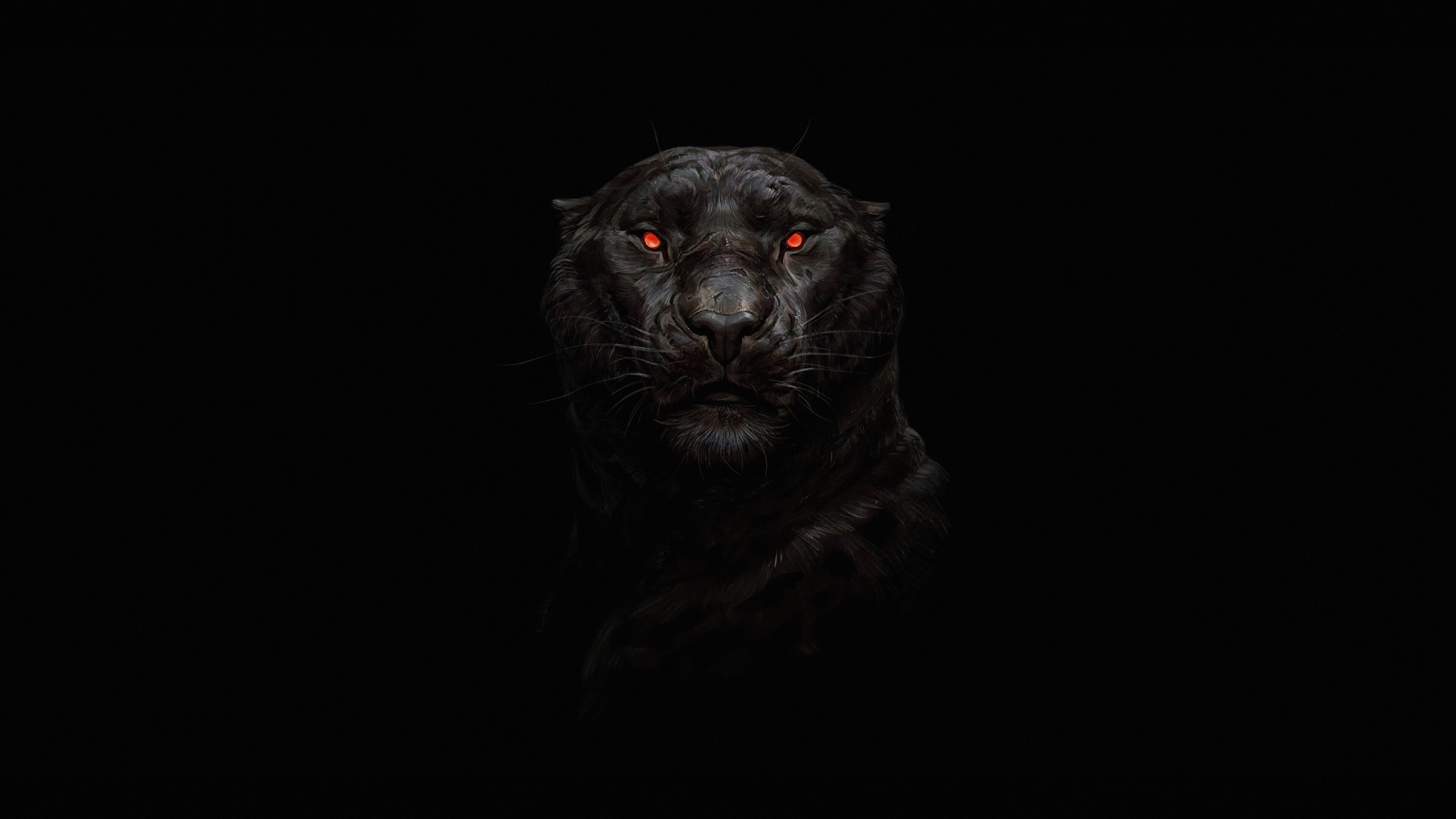 Glow in the Dark: Flashing eyes, Wild cat, Neon effect, Minimalistic, Panther. 3840x2160 4K Wallpaper.