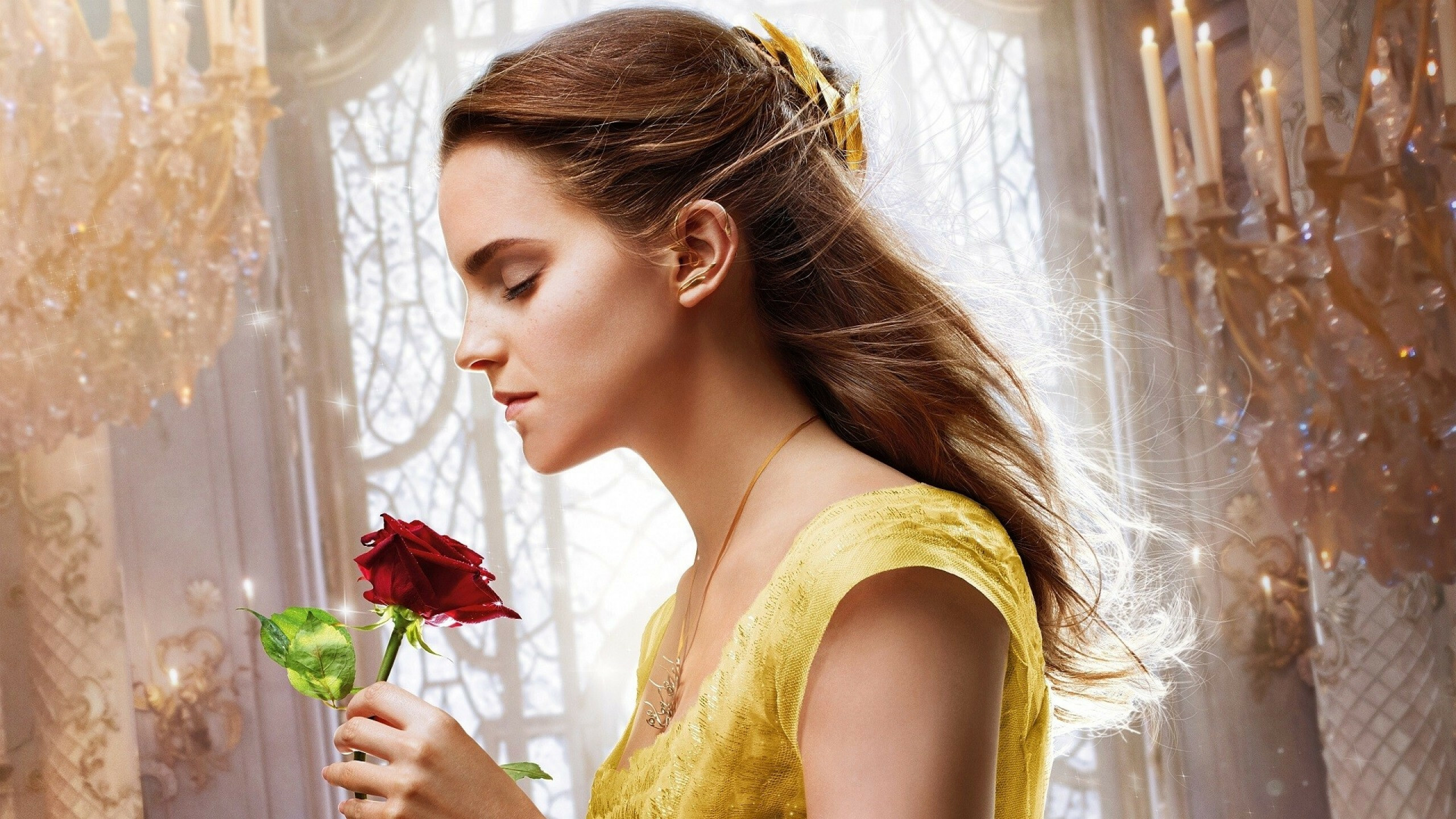 Beauty and the Beast: Emma Watson as Belle, The book-loving daughter of an eccentric inventor. 2560x1440 HD Background.