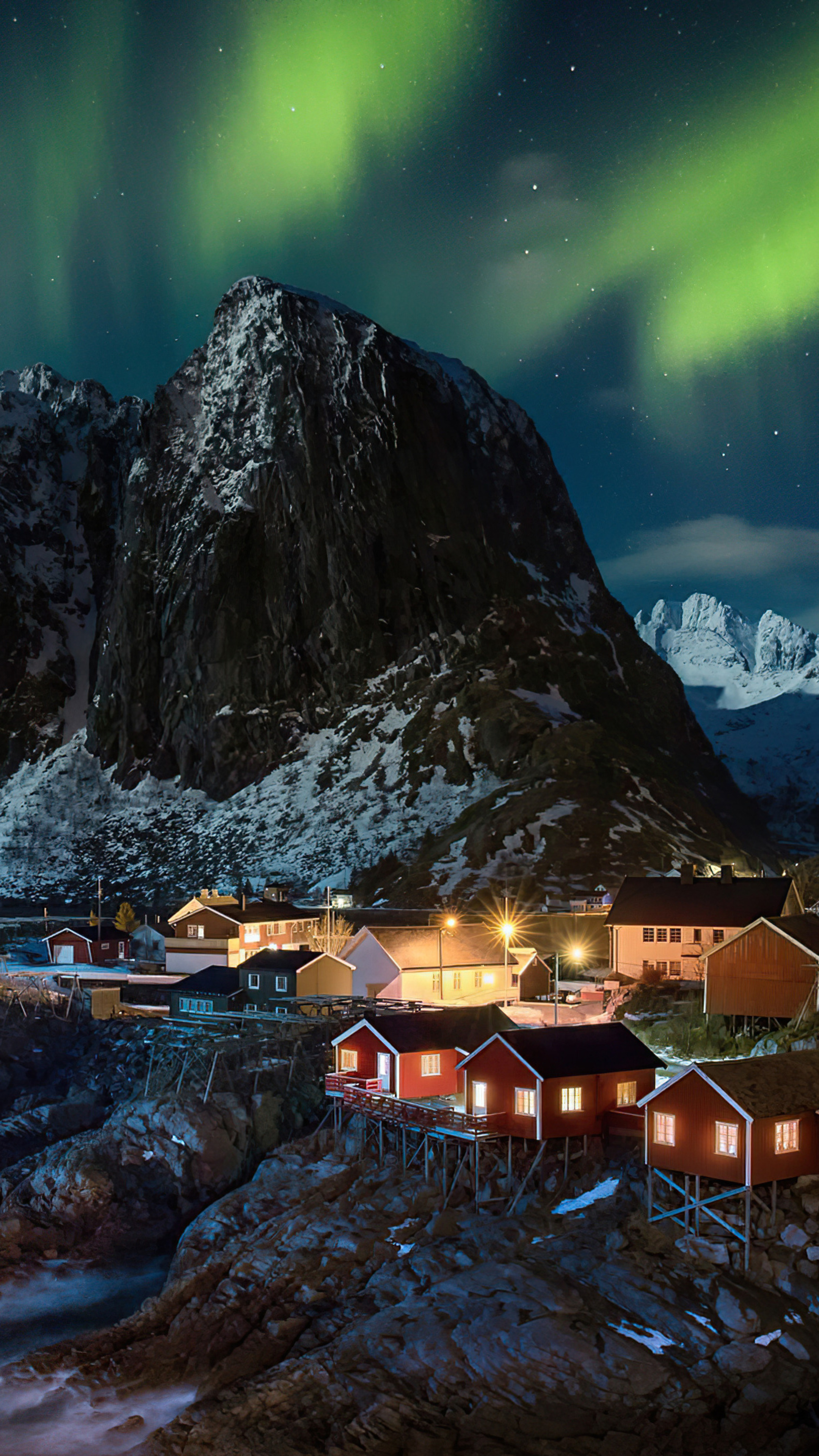 Lofoten village, Northern lights spectacle, Sony Xperia X wallpaper, Norway's beauty, 2160x3840 4K Phone