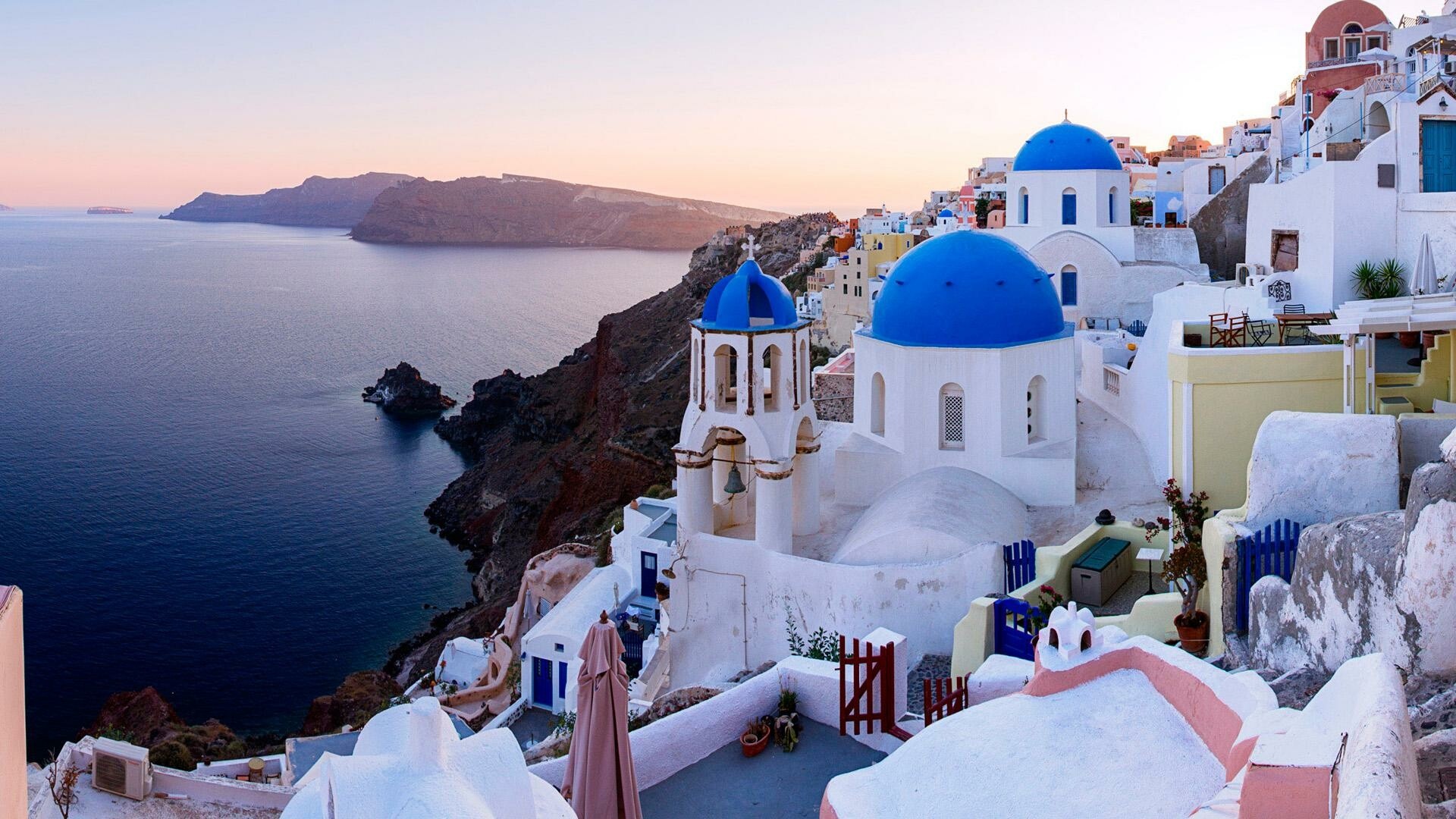 Blue Domes of Oia, Santorini travels, Greece wallpapers, PC and mobile, 1920x1080 Full HD Desktop