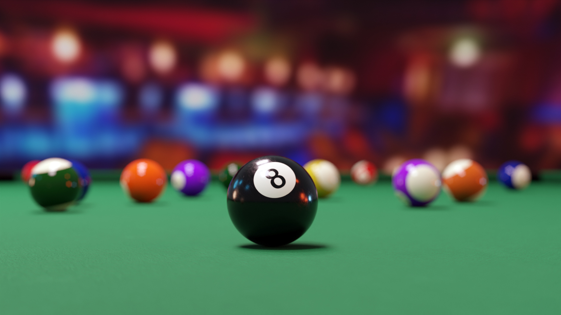 Pool (Cue Sports): Classic eight-ball, Seven solid-colored balls, seven striped balls, and the black 8 ball. 1920x1080 Full HD Wallpaper.