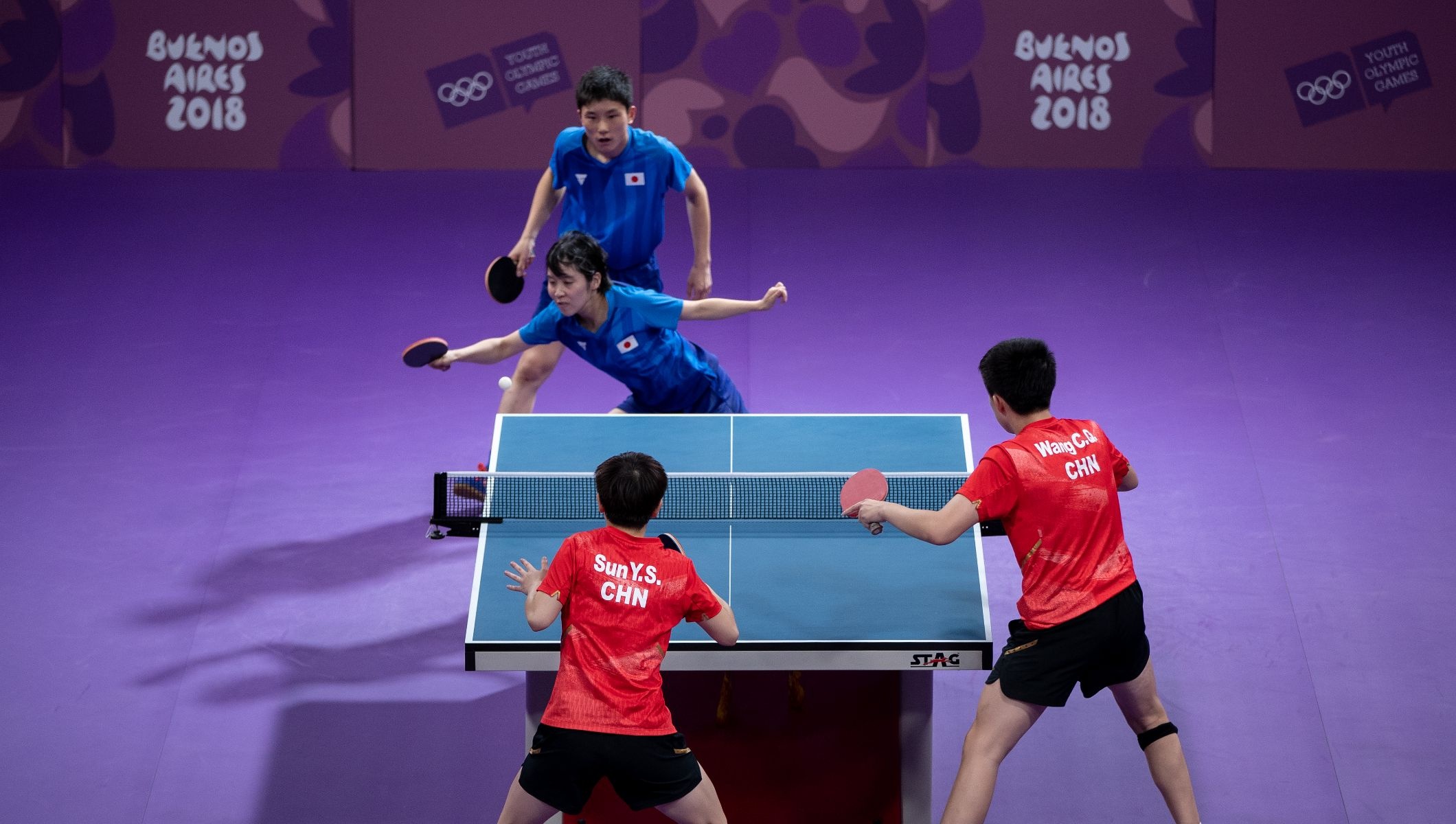 Table Tennis: Buenos Aires 2018 Summer Youth Olympics, Men's doubles and teams. 2120x1200 HD Background.