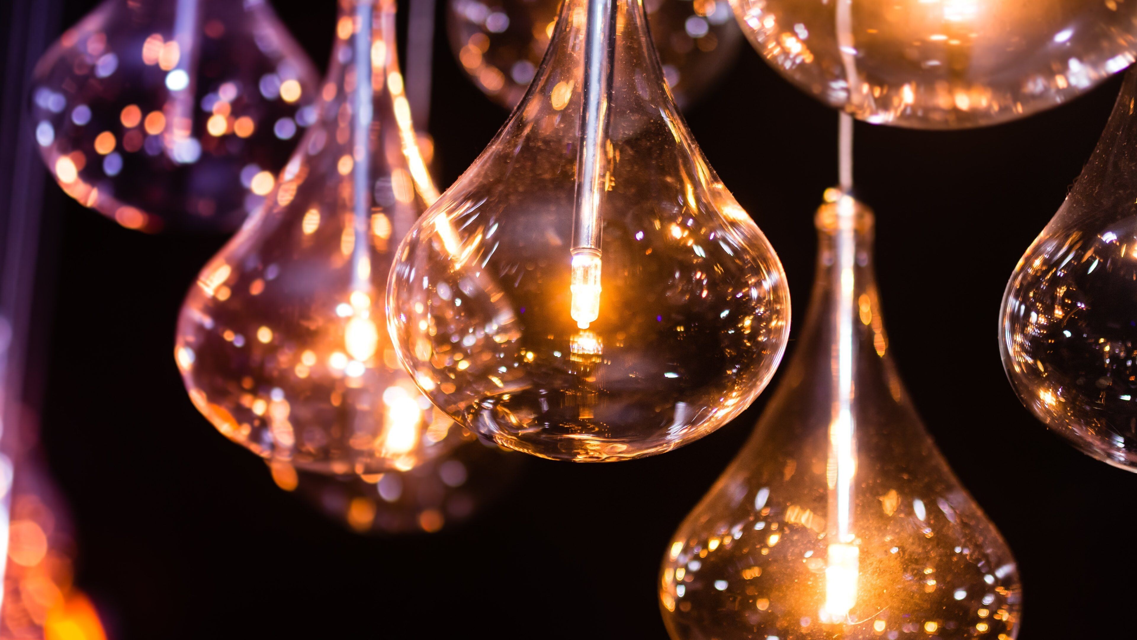 Gold Lights: Party ornaments, Decorative vintage Edison bulbs, The clear glass bulb, Retro styling. 3840x2160 4K Background.