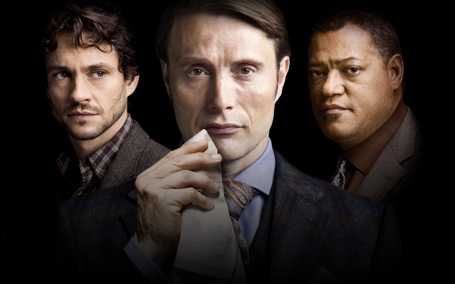 Hannibal (TV Series): Hugh Dancy as Will Graham, Mads Mikkelsen as Dr. Lecter, Laurence Fishburne as Jack Crawford. 1920x1200 HD Wallpaper.