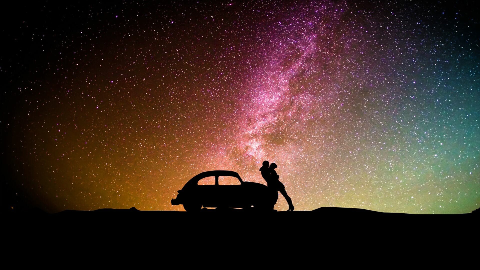 Silhouette car hug, Milky way in the background, Cosmic love, Romantic atmosphere, 1920x1080 Full HD Desktop