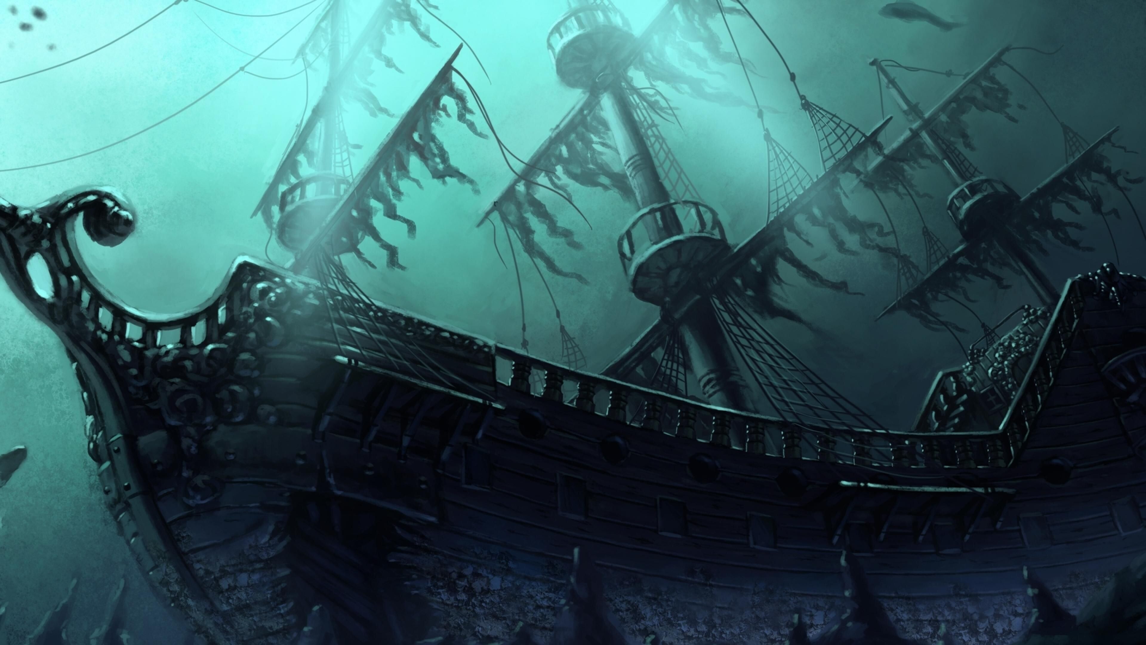 Ghost Ship: A phantom vessel with no living crew aboard, A fictional ghostly vessel, The Flying Dutchman. 3840x2160 4K Wallpaper.