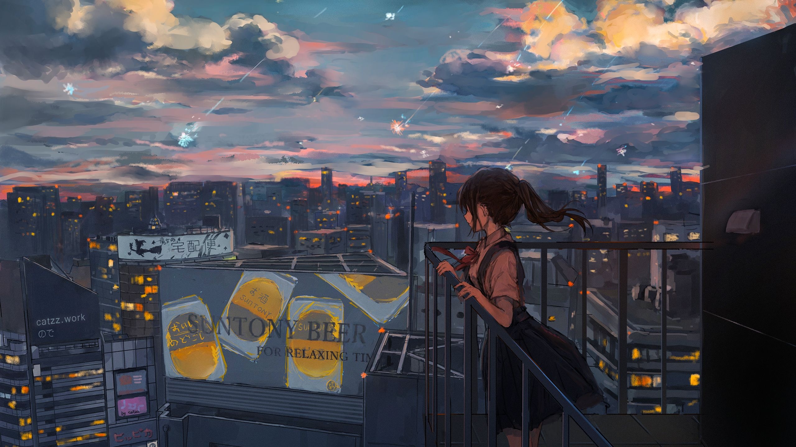 Anime Girl: Cityscape, Aesthetic, Night city. 2560x1440 HD Background.