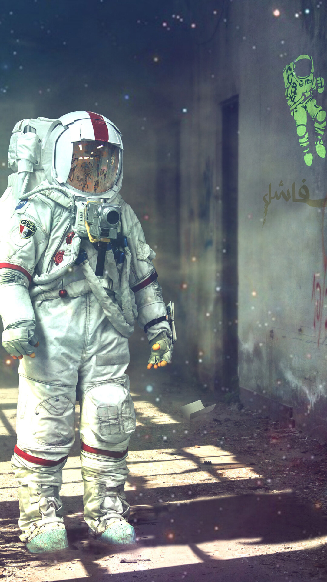 Astronaut: Human space traveler in an abandoned school, Spacesuit. 1080x1920 Full HD Wallpaper.