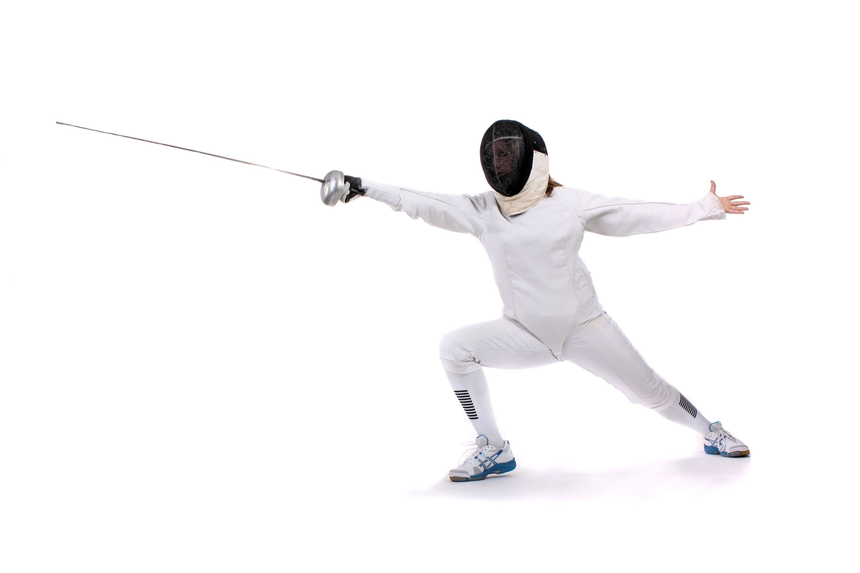 Fencing: A foil fencer, The athlete uses the most common type of weapon to practice. 3000x2000 HD Background.