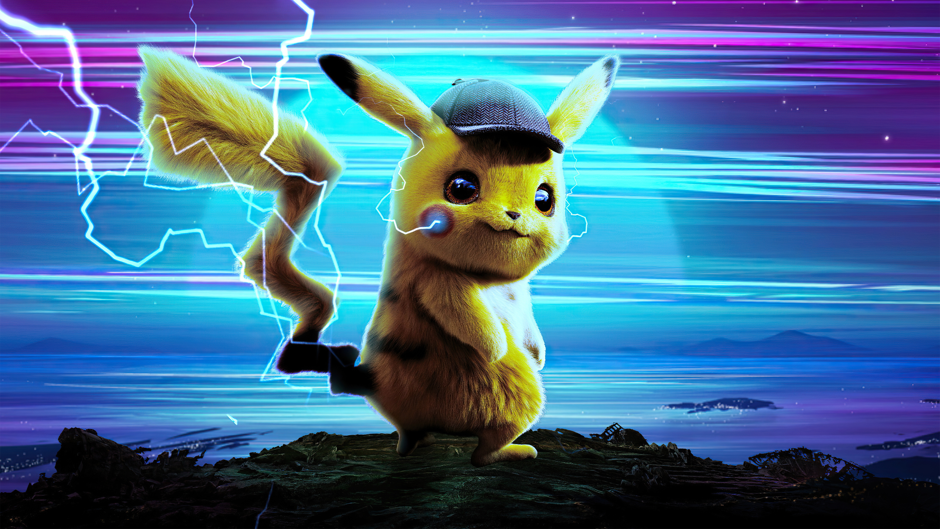 Pokemon Detective Pikachu: Ryan Reynolds stars as the voice and facial motion capture of the title character. 3840x2160 4K Background.