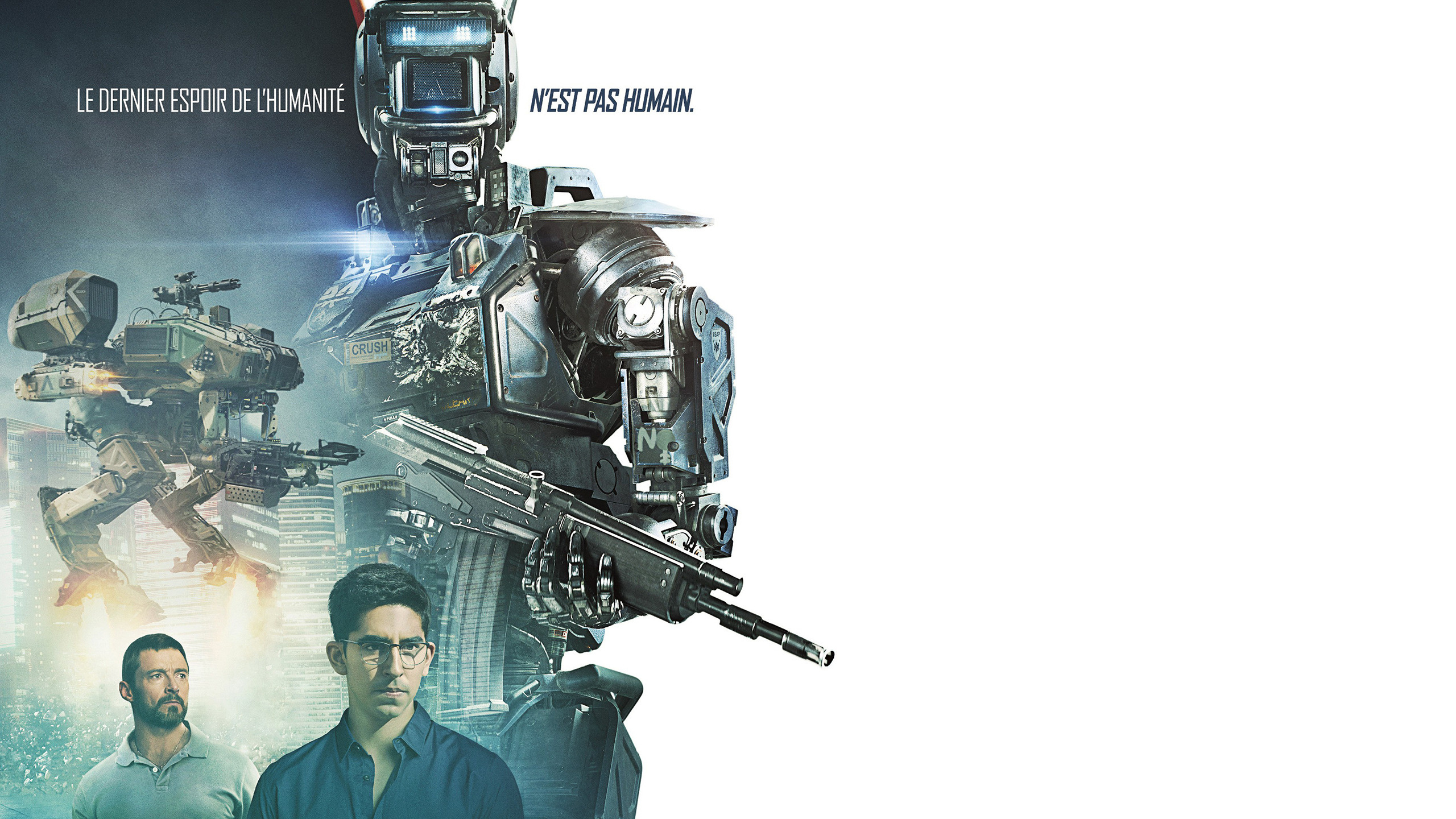 Chappie: Weapons, Robot, Poster, Hugh Jackman, Dev Patel, Sharlto Copley. 2560x1440 HD Wallpaper.