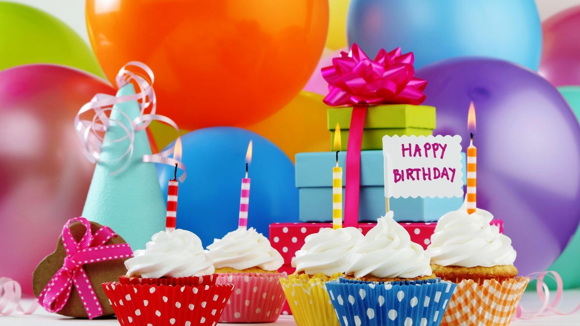 Birthday Party: Gifts, Sweets, Candles, Anniversary. 1920x1080 Full HD Background.