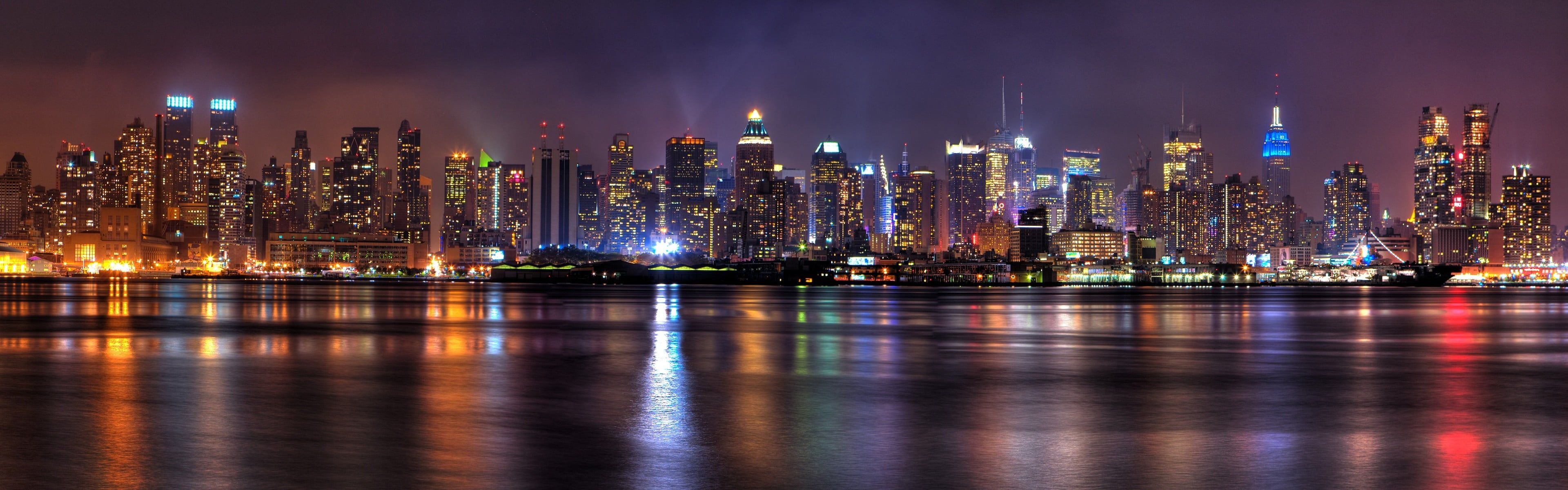 Night Skyline, High-rise buildings, City night lights, Panoramic photography, 3840x1200 Dual Screen Desktop