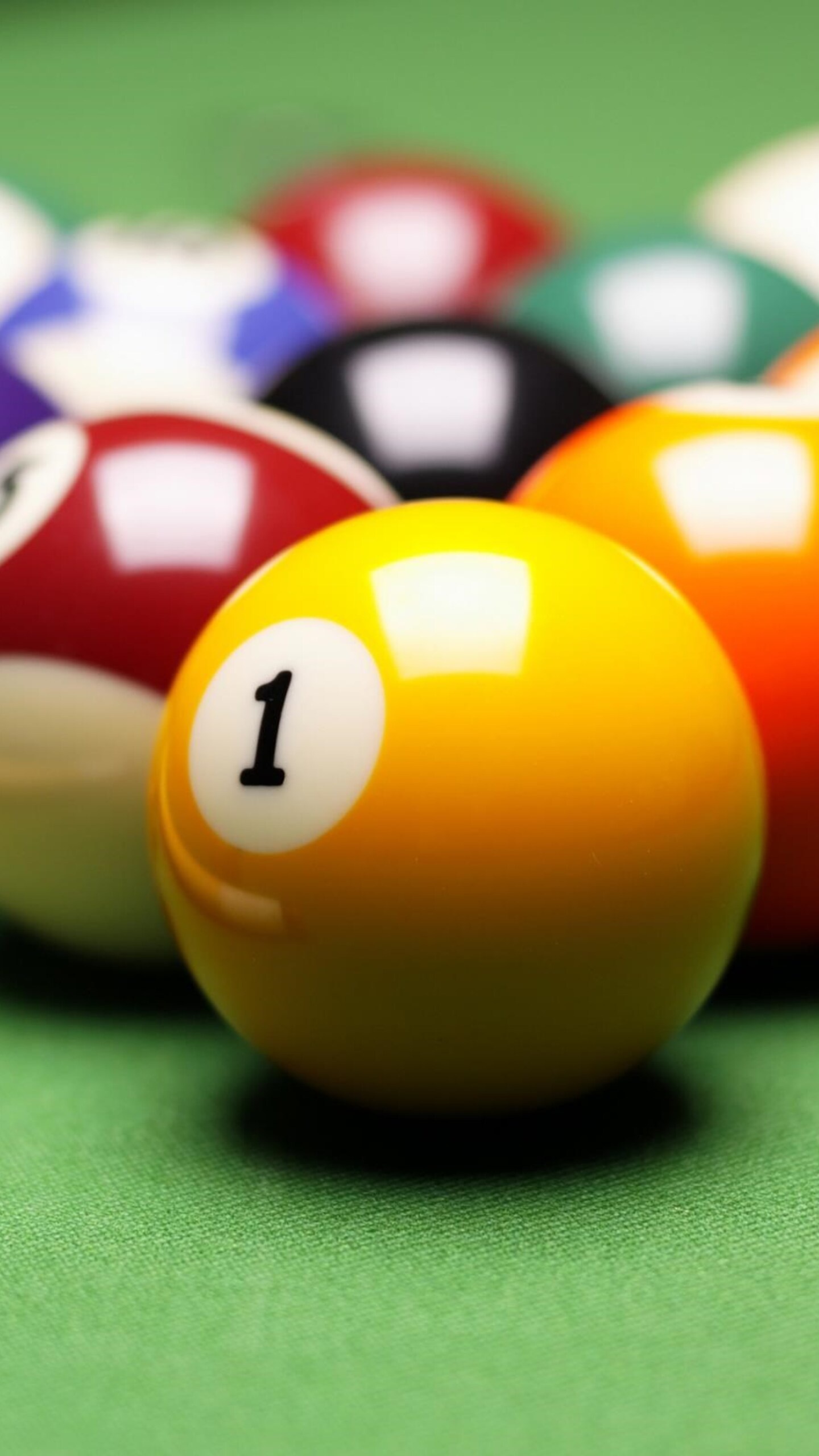 Billiards: Classic eight-ball, Seven solid-colored balls, seven striped balls, and the black 8 ball, Billiard balls. 1440x2560 HD Background.