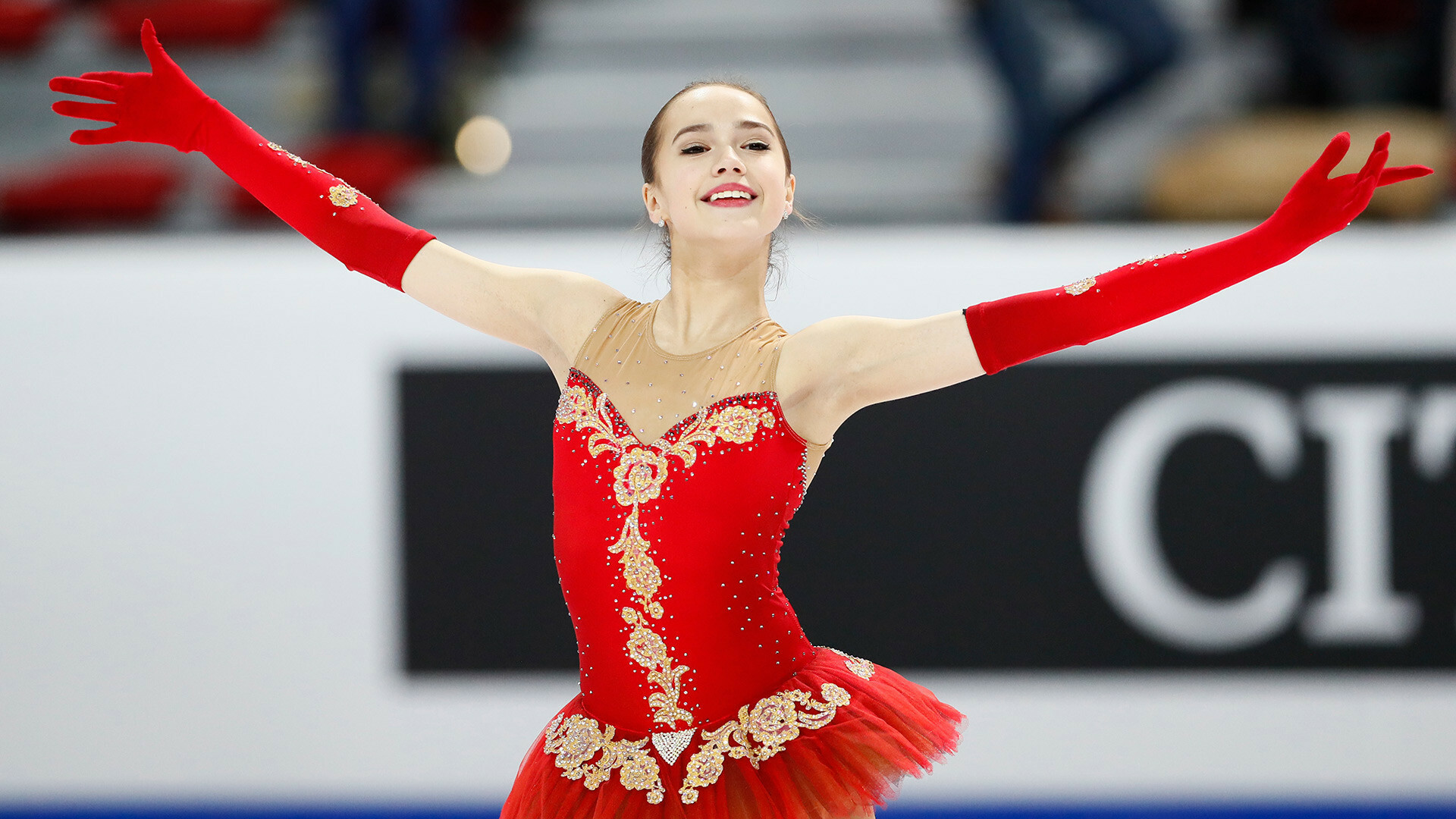 Alina Zagitova: She won the gold with a total of 238.43 points, at the 2018 CS Nebelhorn Trophy in Oberstdorf. 1920x1080 Full HD Wallpaper.