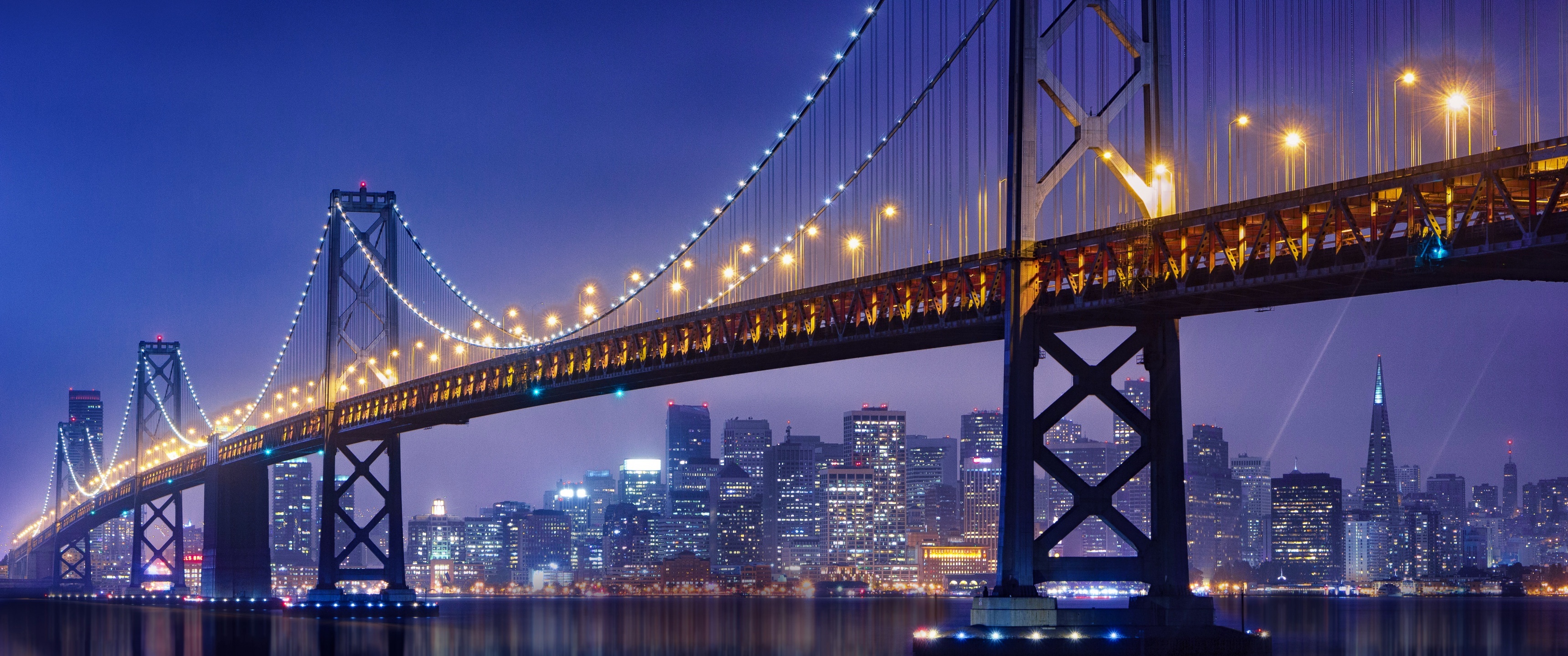 San Francisco: Bay Bridge, SF-Oakland, Night, City lights. 3440x1440 Dual Screen Wallpaper.