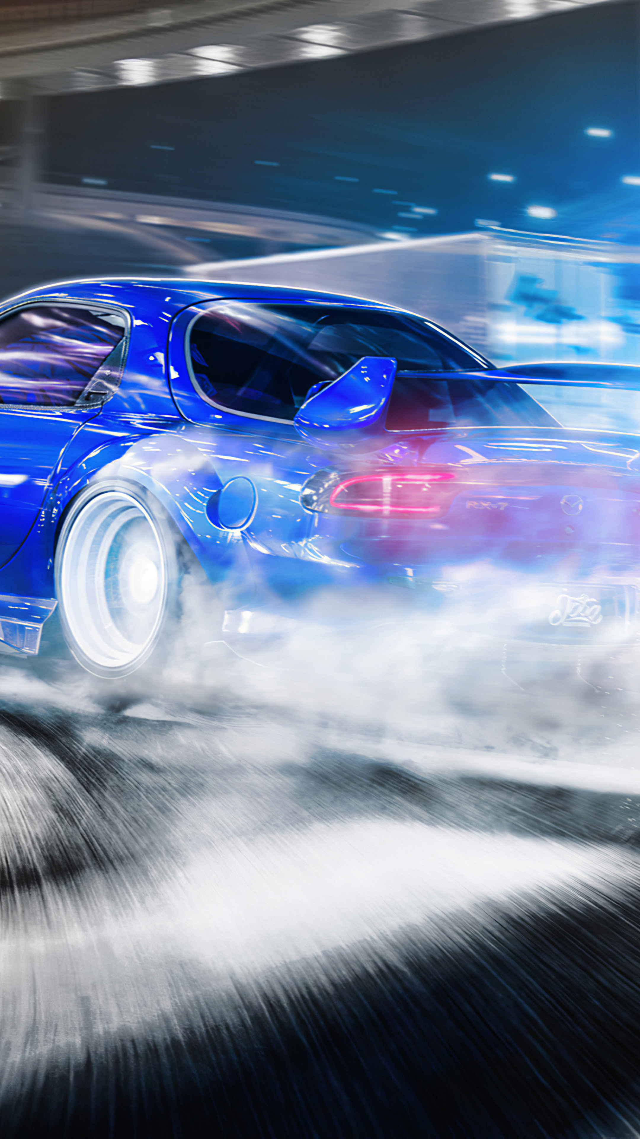 Drifting: Blue Mazda RX-7, A front-engine, rear-wheel-drive, rotary engine-powered sports car. 2160x3840 4K Wallpaper.