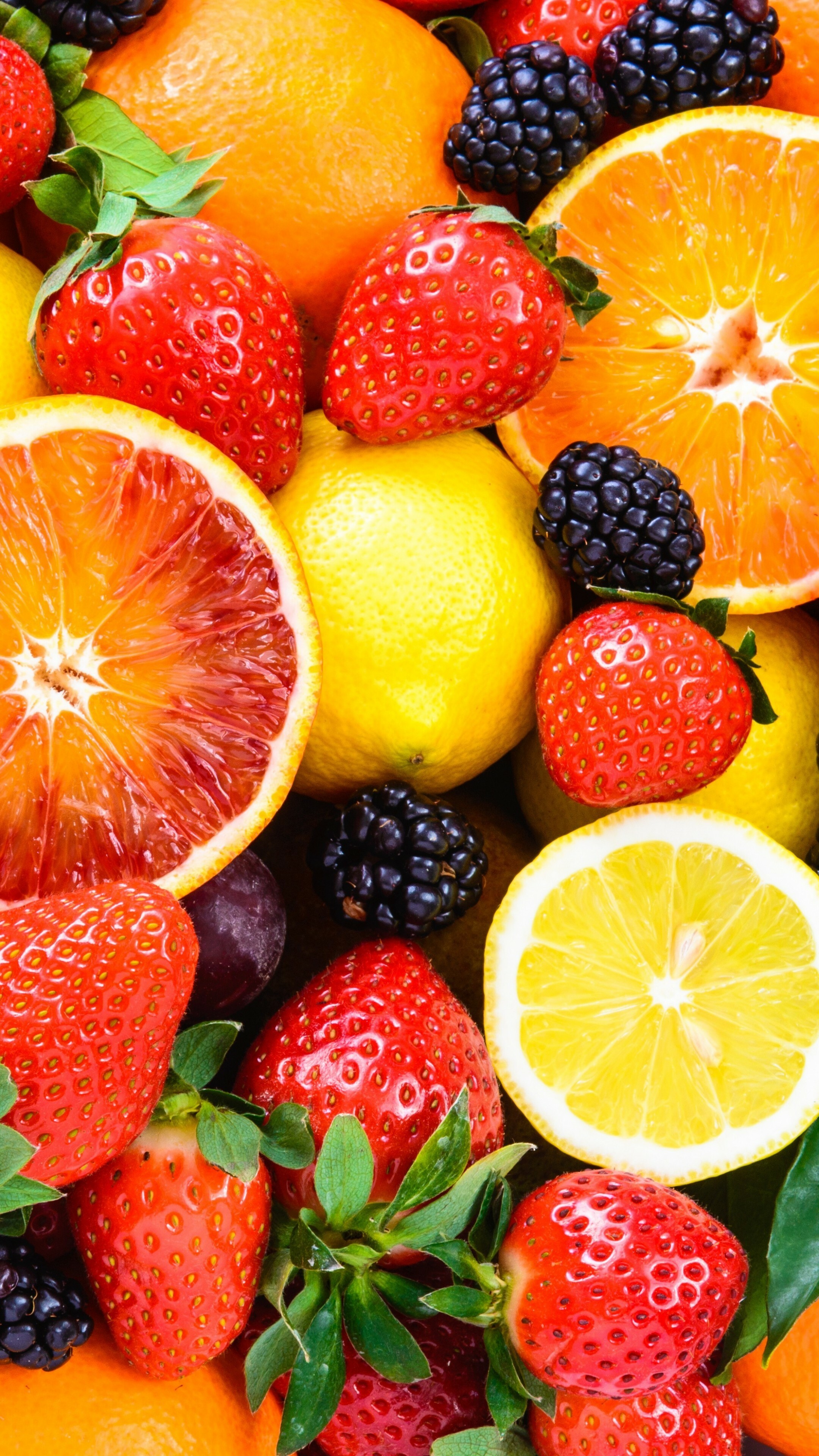 Fruit: Apple, Orange, Strawberry, Lemon, Blackberry, Contain lots of fiber and antioxidants. 2160x3840 4K Wallpaper.