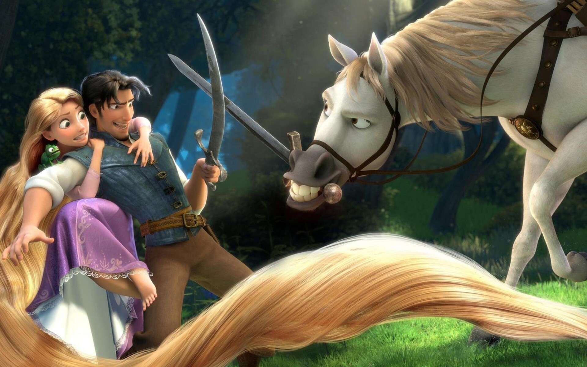 Tangled: Rapunzel, Known for her impossibly long hair, Maximus, Flynn Rider. 1920x1200 HD Background.