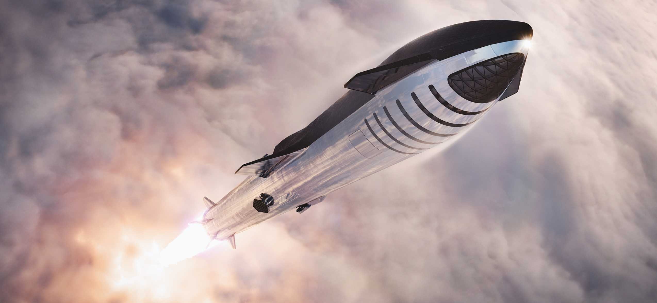 Starship: SpaceX, SN5 built with no flaps or nose cone, giving it a cylindrical shape. 2550x1180 Dual Screen Wallpaper.