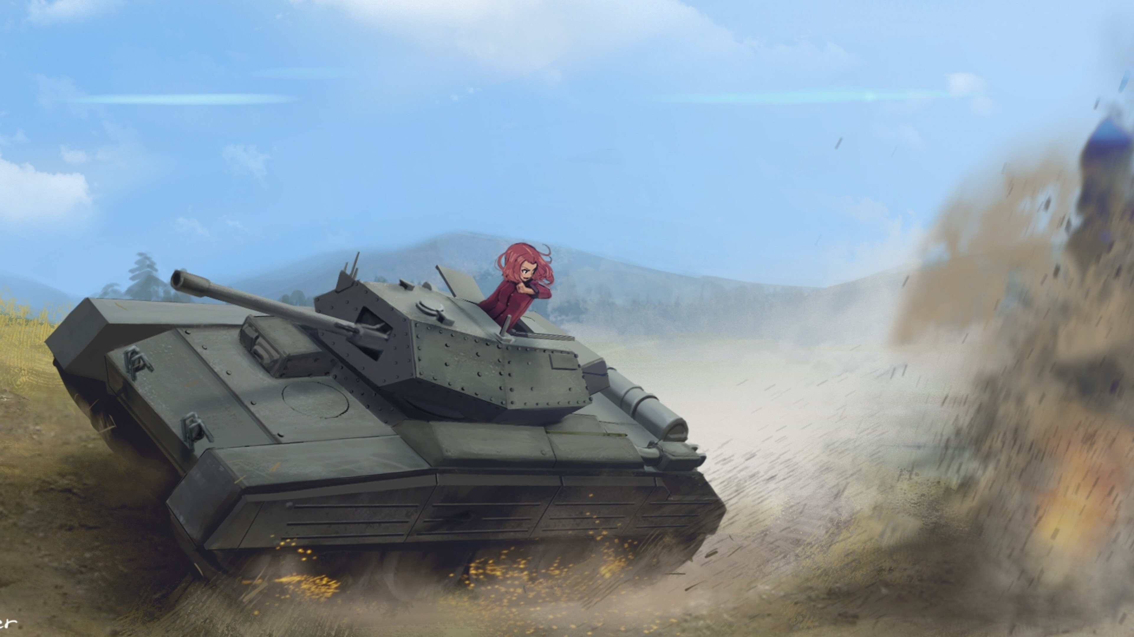 Girls und Panzer: Rosehip, A first year student at St. Gloriana Girls College, The Commander of their Crusader Tank Platoon, Explosion. 3840x2160 4K Background.