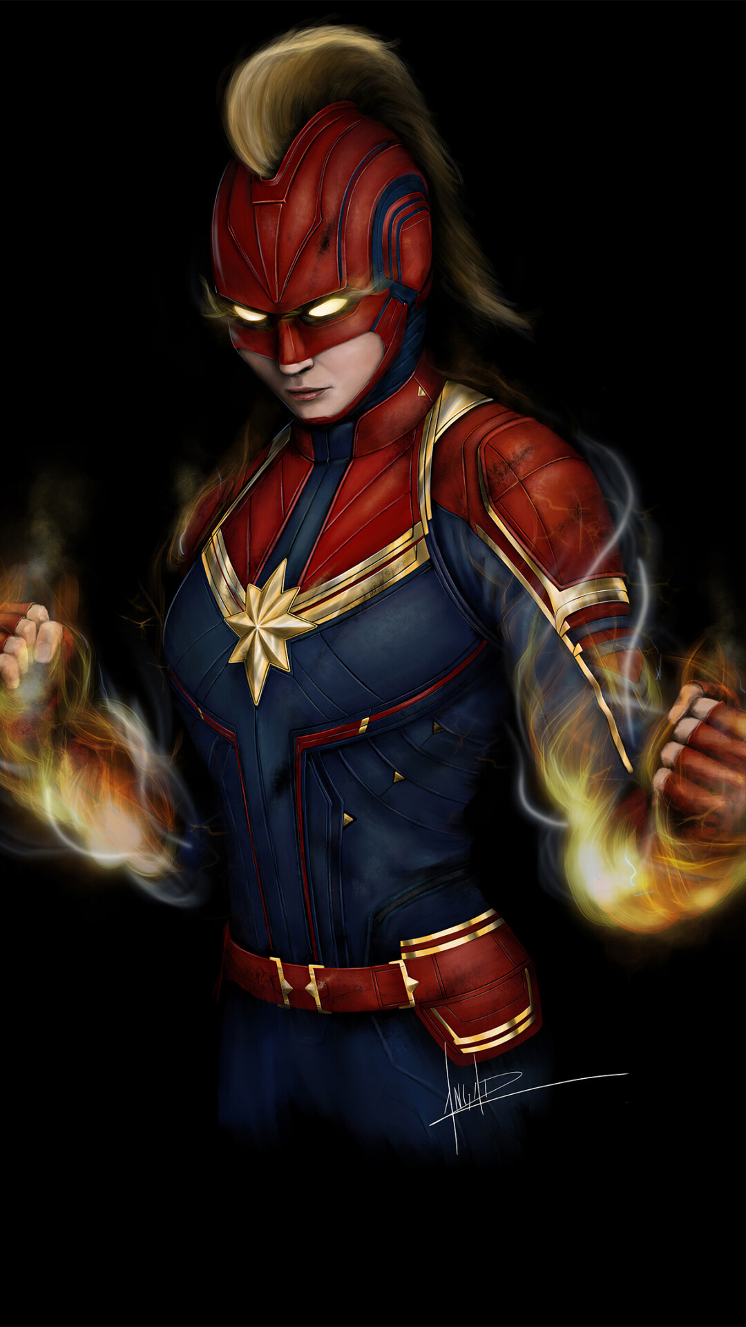 Captain Marvel: Has the ability to absorb forms of energy, such as electricity, to further magnify her strength. 1080x1920 Full HD Background.