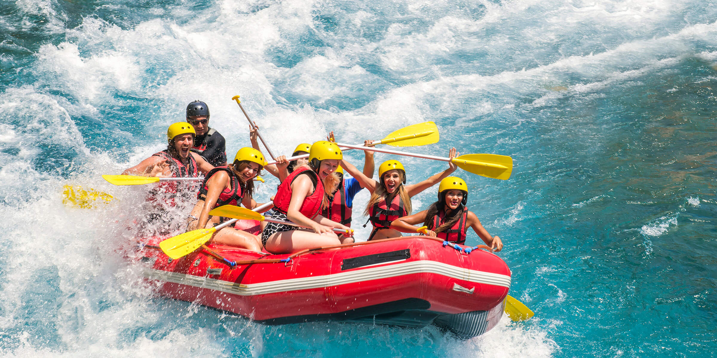 Rafting: Whitewater boating activity, An extreme water sports discipline. 2400x1200 Dual Screen Background.
